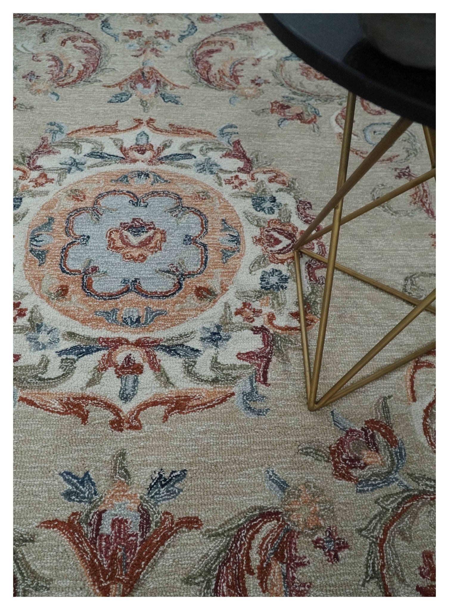 French Inspired Aubusson design Custom Made Beige, Brown and Blue Hand Tufted wool Area Rug - The Rug Decor