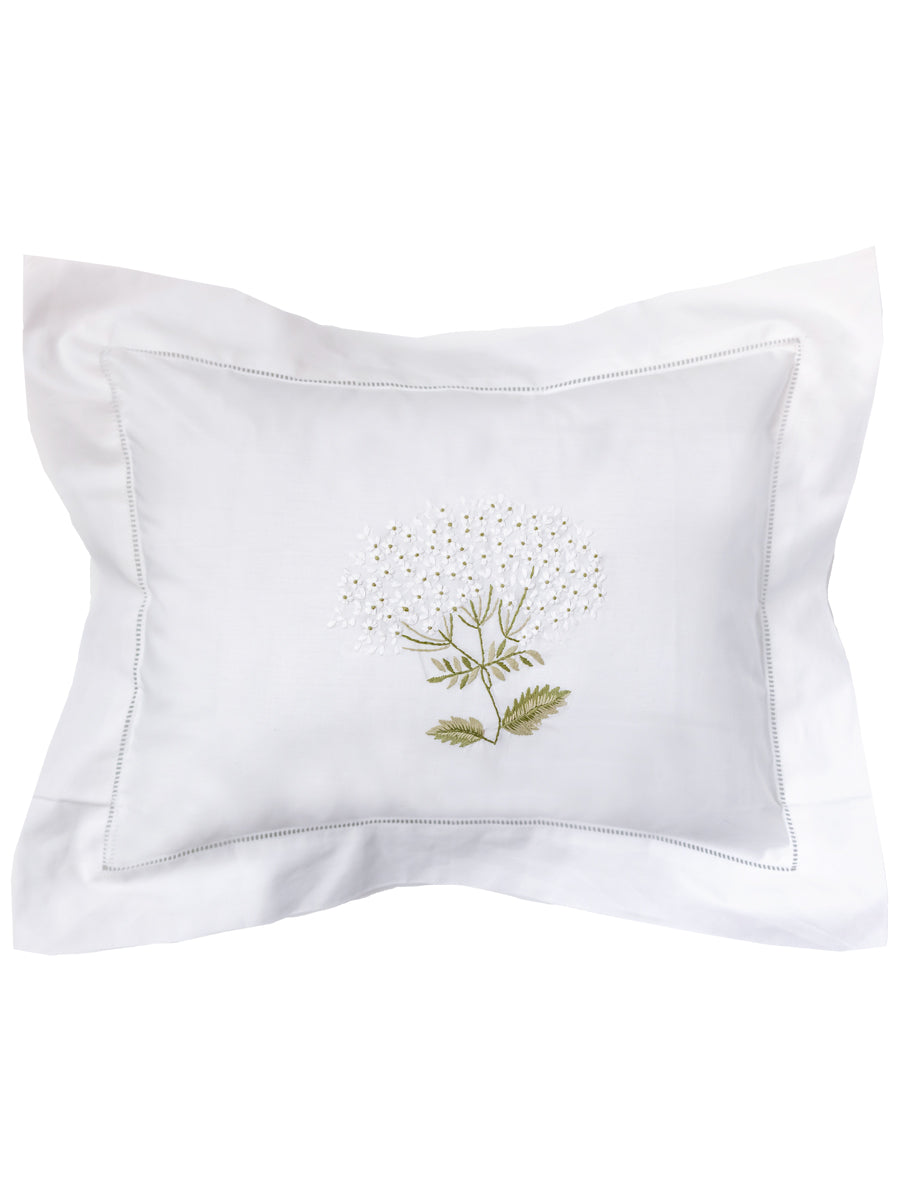 Boudoir Pillow Cover, Embroidered with Hem Stitch - Hydrangea (White)