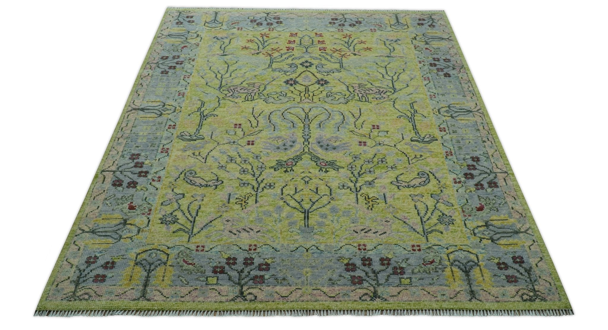 Green, Blue And Red Plant and Branches Hand Knotted Custom Made wool area rug