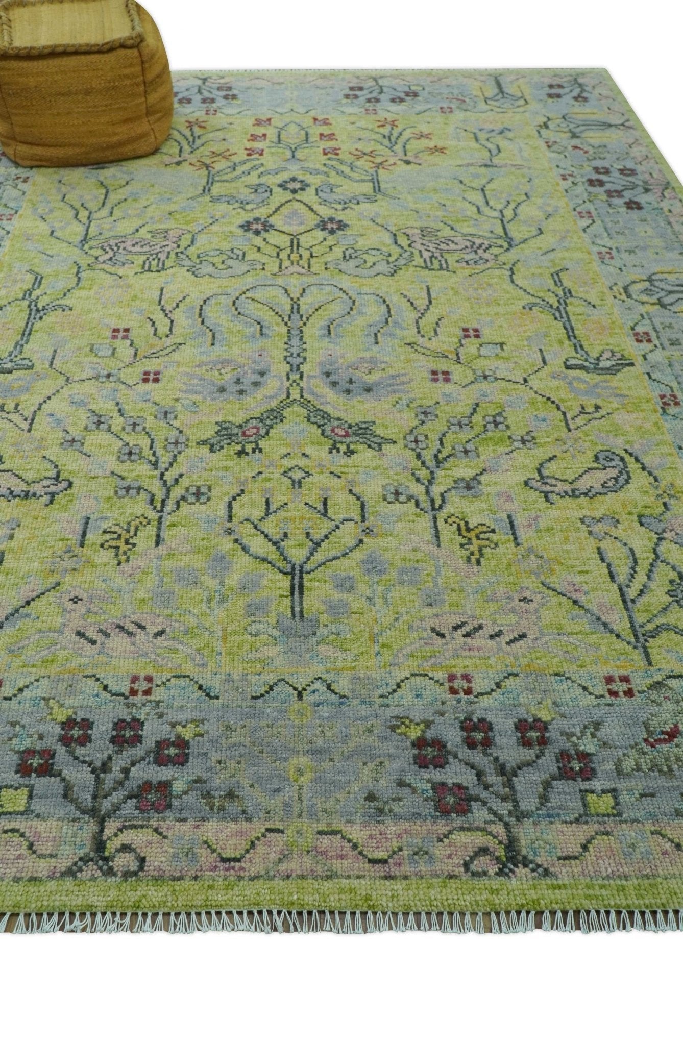 Green, Blue And Red Plant and Branches Hand Knotted Custom Made wool area rug