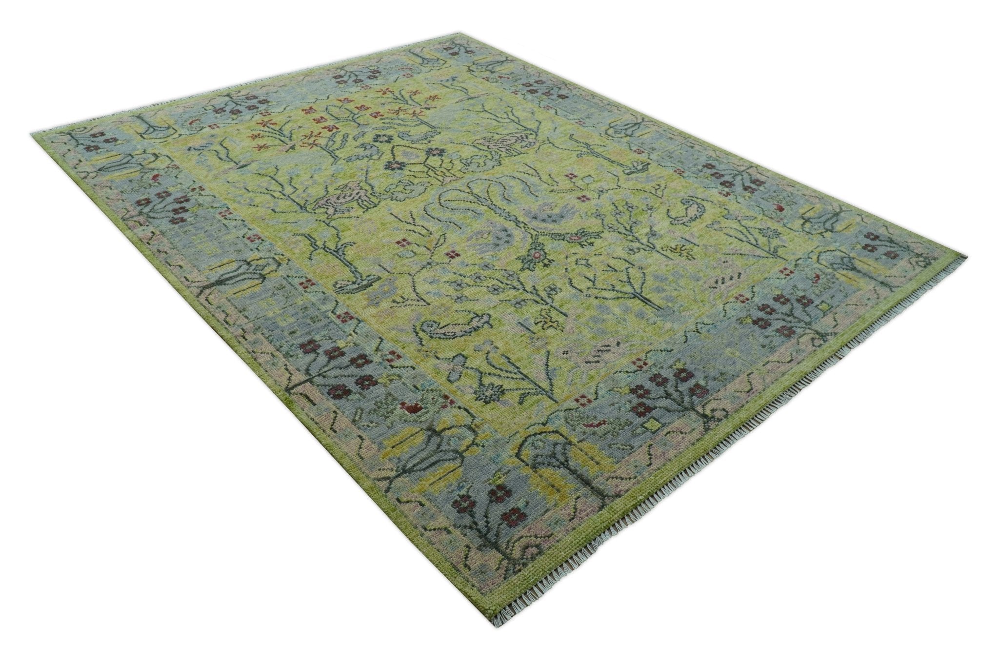 Green, Blue And Red Plant and Branches Hand Knotted Custom Made wool area rug