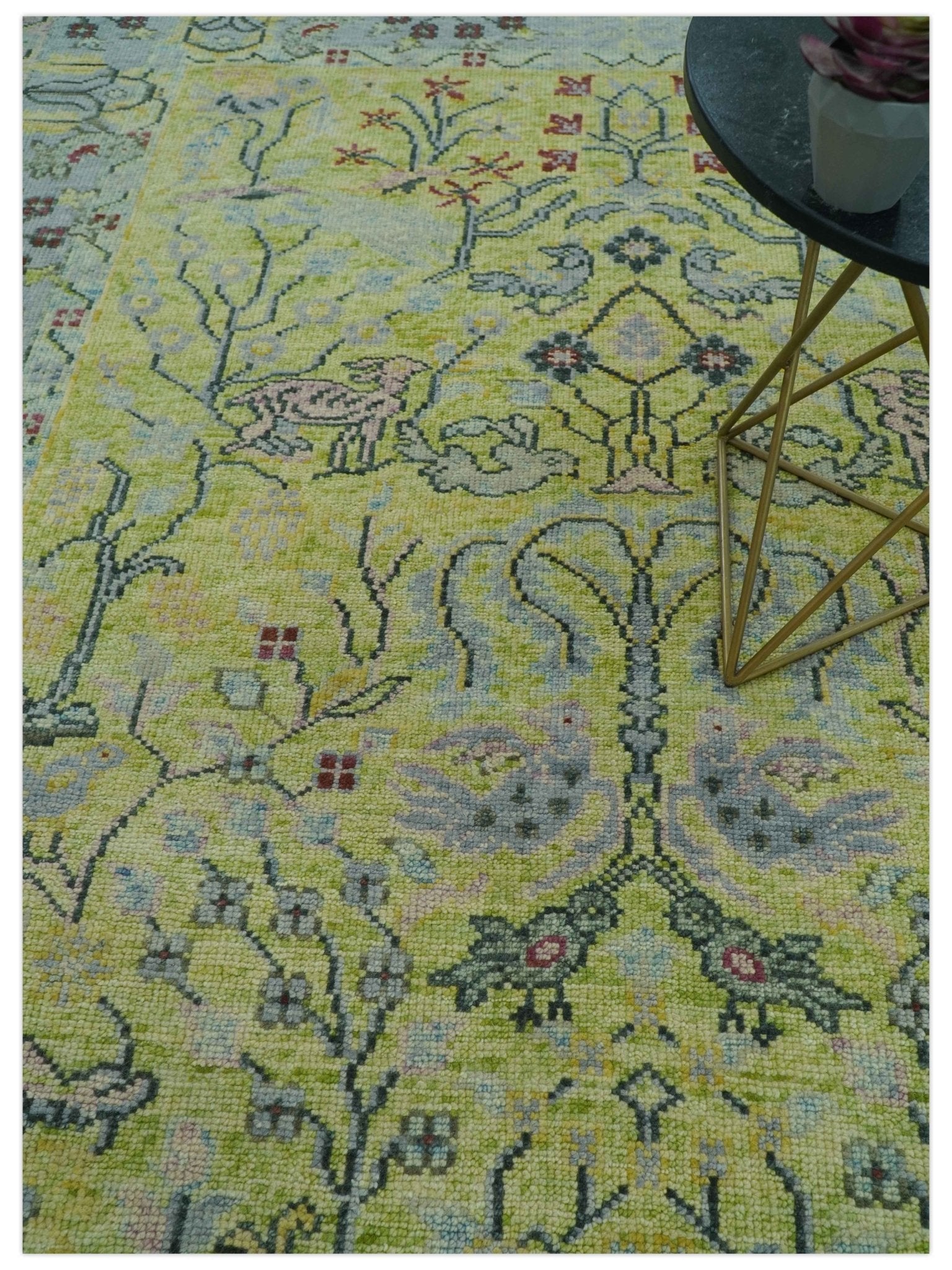 Green, Blue And Red Plant and Branches Hand Knotted Custom Made wool area rug