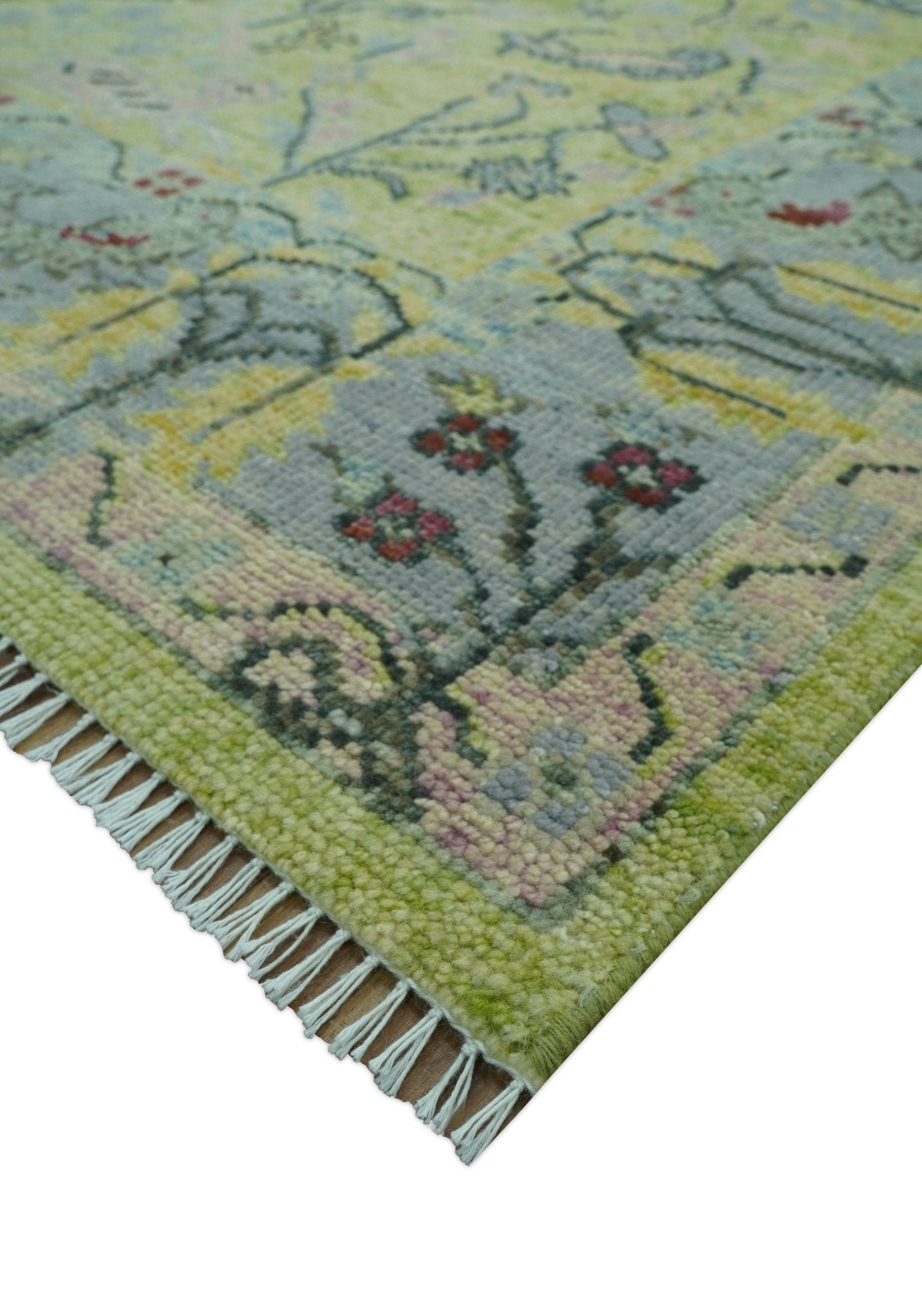 Green, Blue And Red Plant and Branches Hand Knotted Custom Made wool area rug