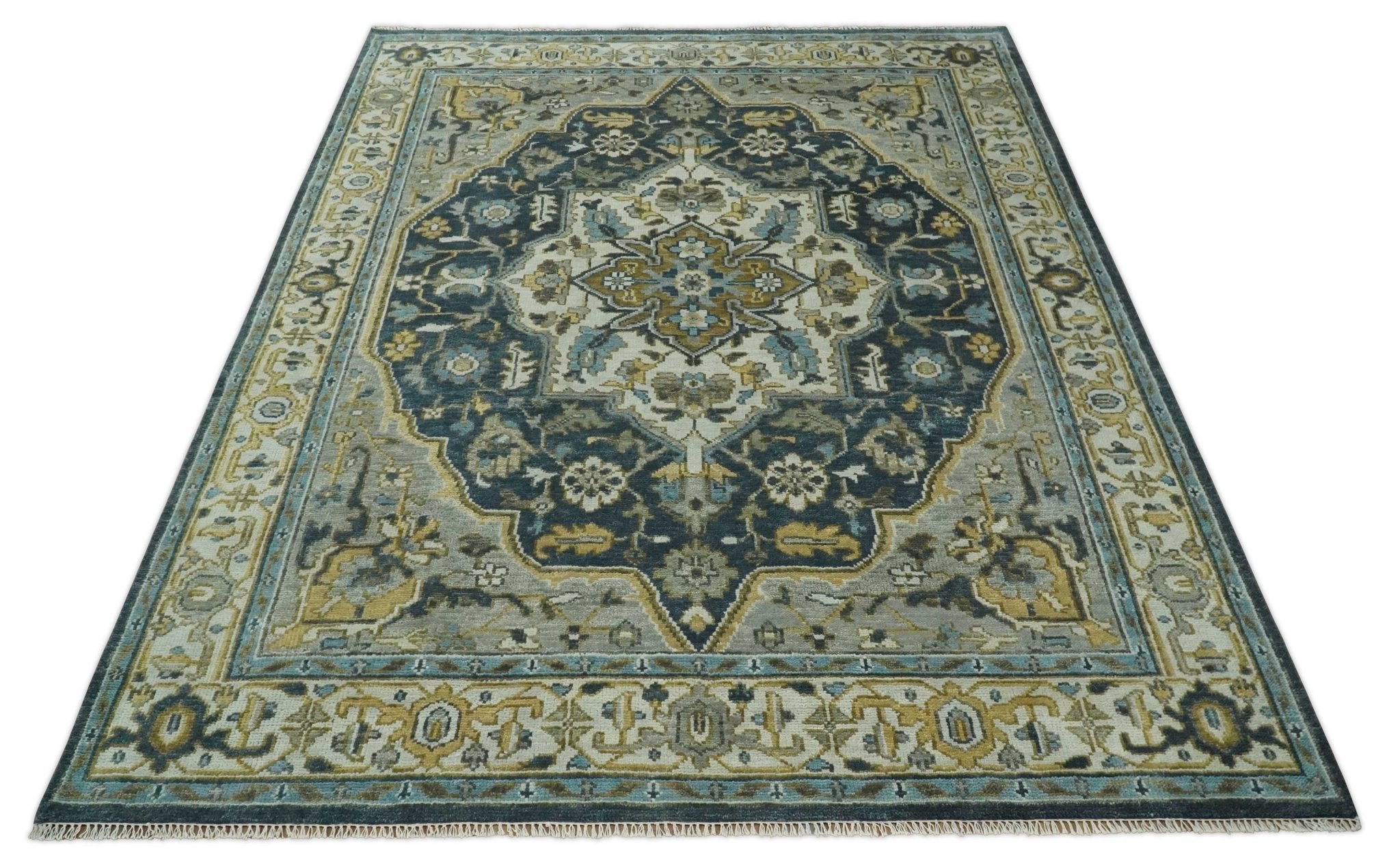 Green, Ivory and Gold Hand Knotted Antique 5x8, 6x9, 8x10, 9x12, 10x14 and 12x15 Brown Traditional Heriz Serapi Wool Rug | TRDCP887912 - The Rug Decor