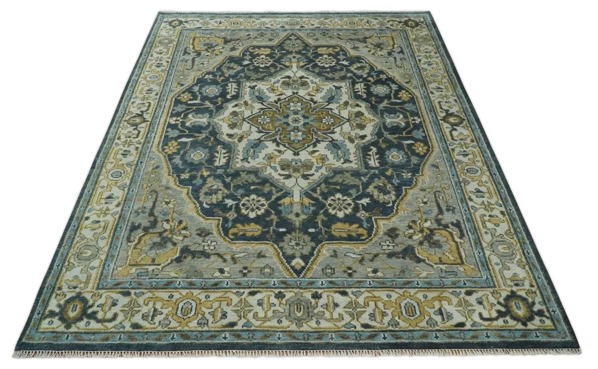 Green, Ivory and Gold Hand Knotted Antique 5x8, 6x9, 8x10, 9x12, 10x14 and 12x15 Brown Traditional Heriz Serapi Wool Rug | TRDCP887912 - The Rug Decor