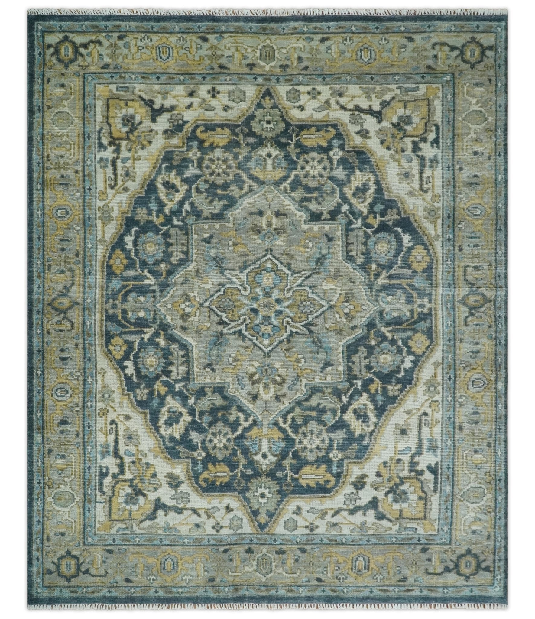Green, Ivory and Gold Hand Knotted Antique 5x8, 6x9, 8x10, 9x12, 10x14 and 12x15 Brown Traditional Heriz Serapi Wool Rug | TRDCP887912 - The Rug Decor