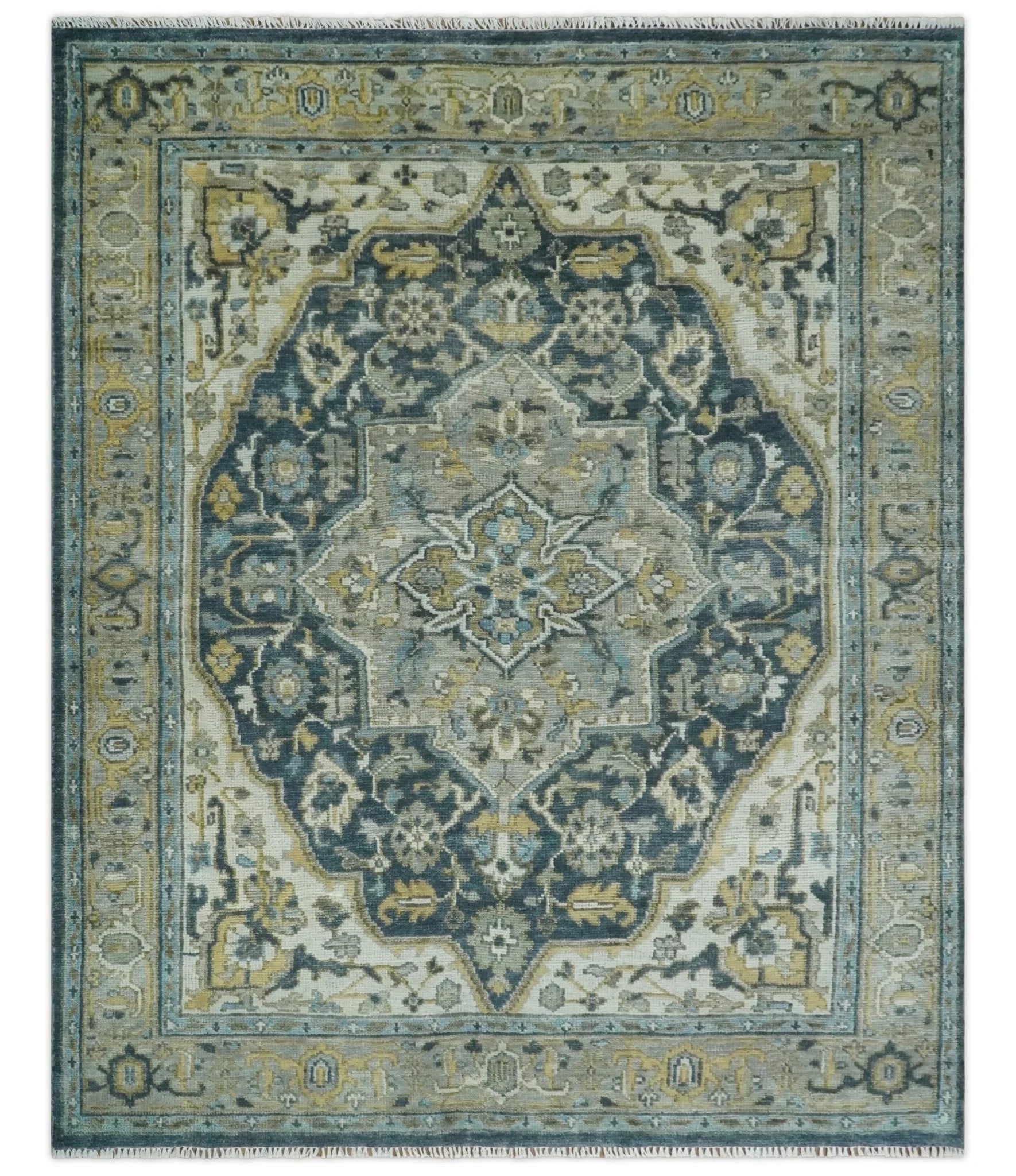 Green, Ivory and Gold Hand Knotted Antique 5x8, 6x9, 8x10, 9x12, 10x14 and 12x15 Brown Traditional Heriz Serapi Wool Rug | TRDCP887912 - The Rug Decor