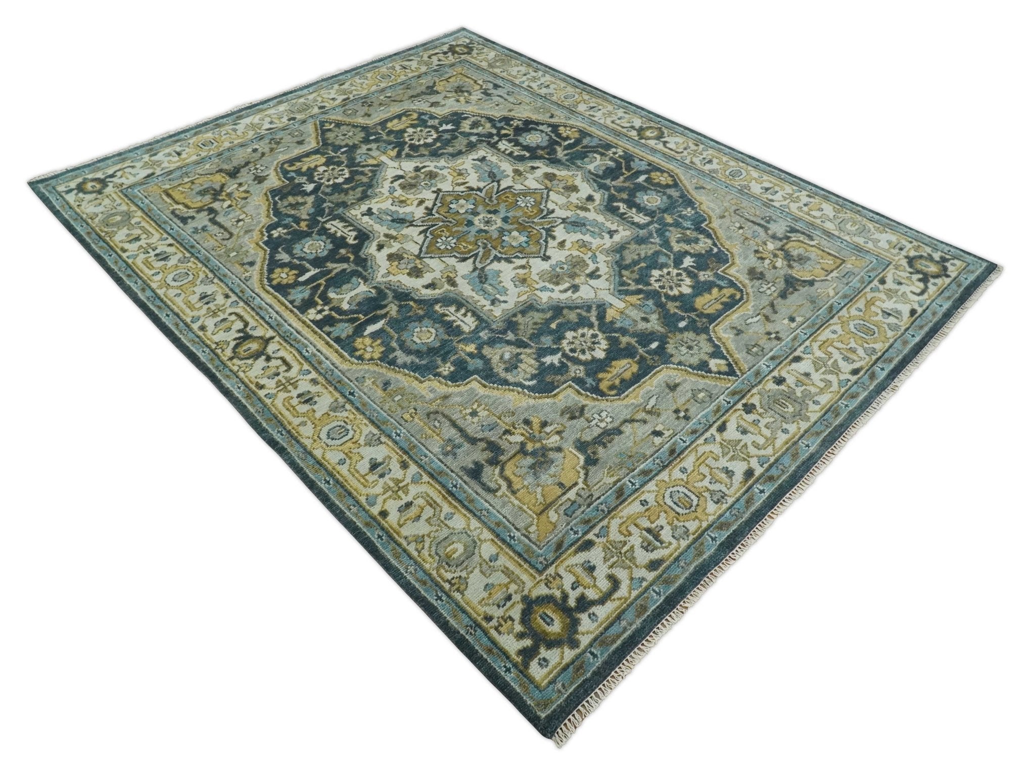 Green, Ivory and Gold Hand Knotted Antique 5x8, 6x9, 8x10, 9x12, 10x14 and 12x15 Brown Traditional Heriz Serapi Wool Rug | TRDCP887912 - The Rug Decor
