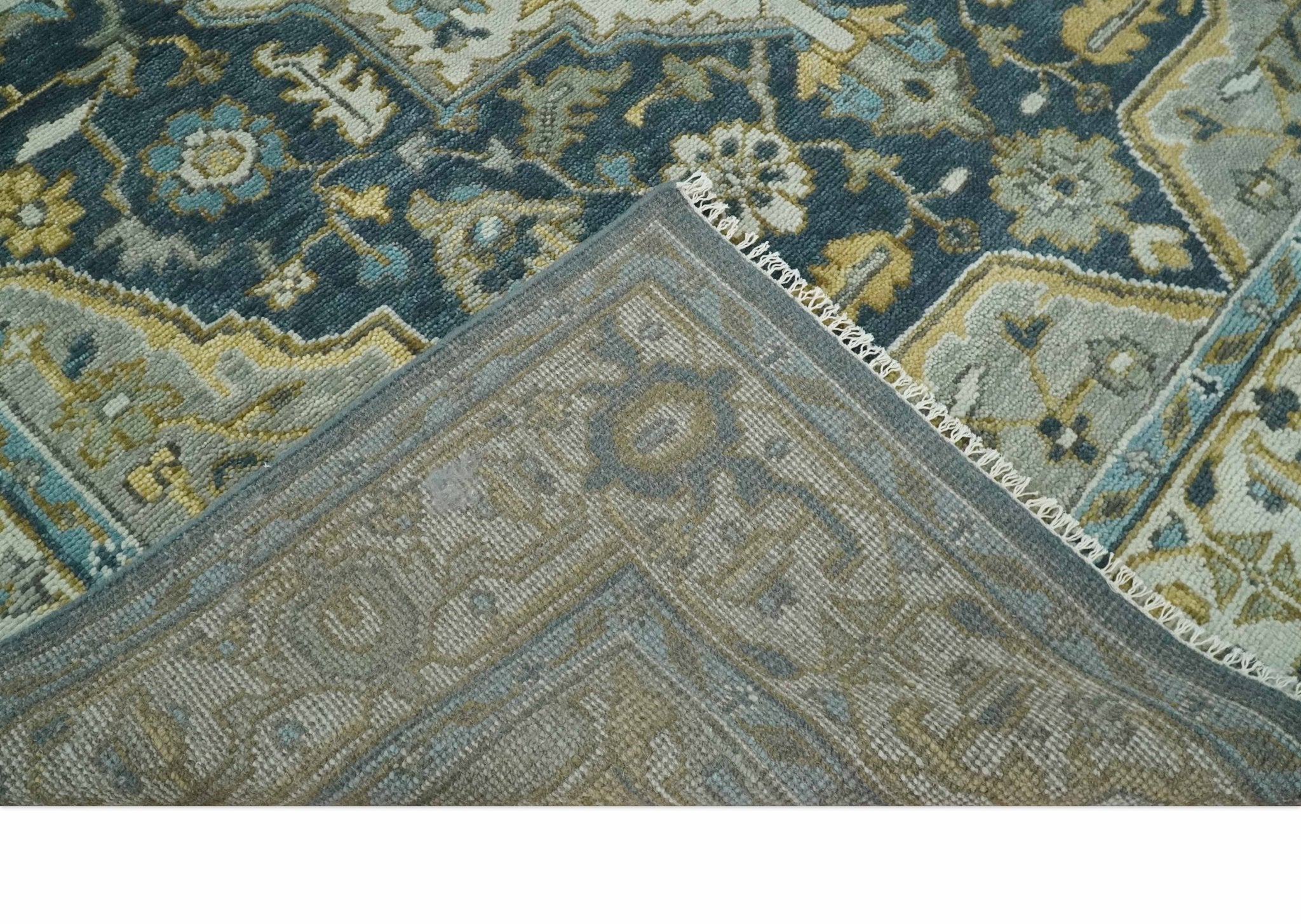Green, Ivory and Gold Hand Knotted Antique 5x8, 6x9, 8x10, 9x12, 10x14 and 12x15 Brown Traditional Heriz Serapi Wool Rug | TRDCP887912 - The Rug Decor