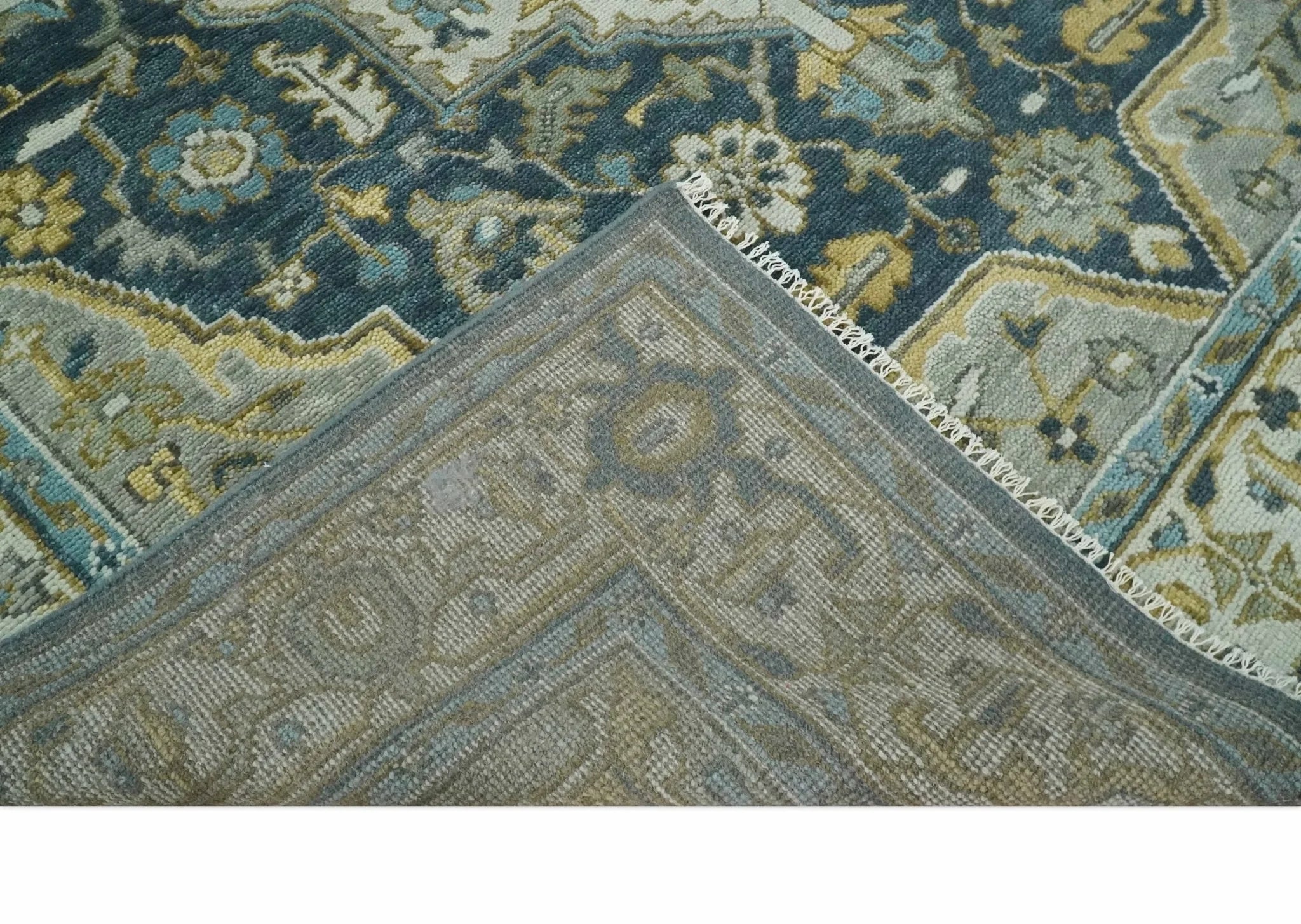 Green, Ivory and Gold Hand Knotted Antique 5x8, 6x9, 8x10, 9x12, 10x14 and 12x15 Brown Traditional Heriz Serapi Wool Rug | TRDCP887912 - The Rug Decor