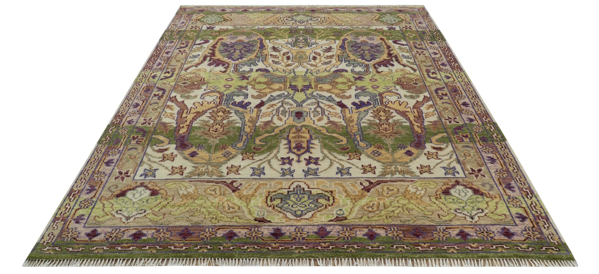 Green, Ivory And Gold Transition Hand Knotted Custom Made wool area rug