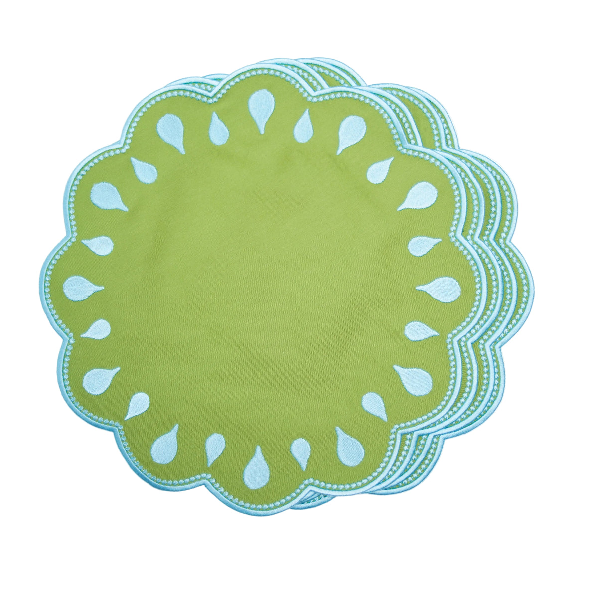 View of Droplet Scalloped Round Cotton Placemat Set in Green; Cotton blend with silk-thread embroidery, by PNR Decor.