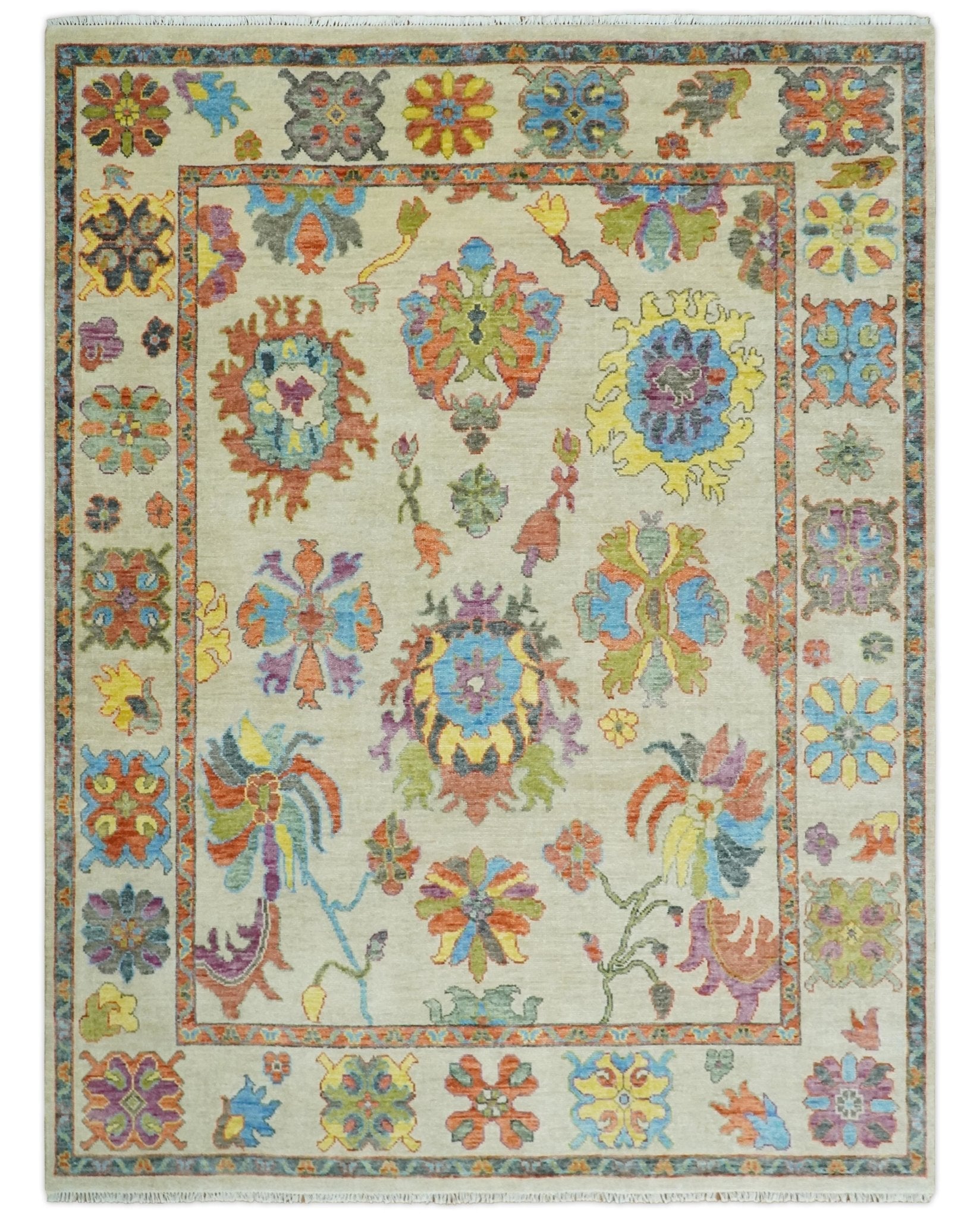 Vibrant colorful Beige And Rust Hand Knotted Traditional Oushak wool Area Rug