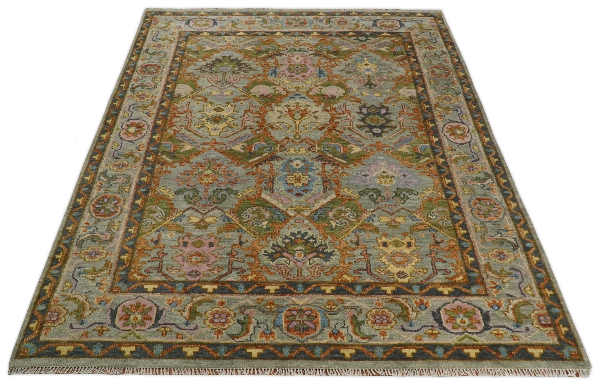 Hand knotted All Wool Silver, Rust and Gray Traditional Antique Moss Oushak Multi Size wool Area Rug