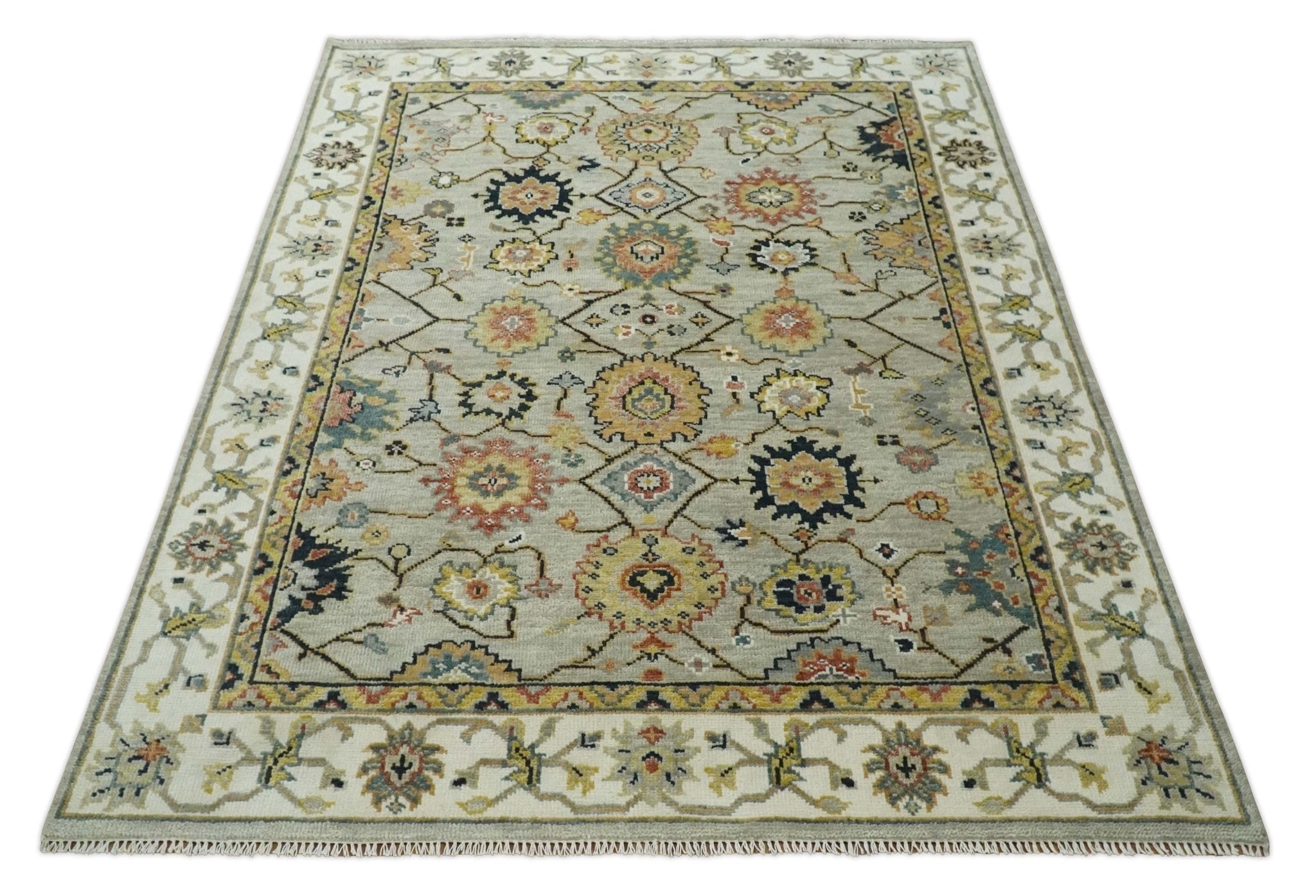 Hand Knotted 5x8, 6x9, 8x10, 9x12, 10x14 and 12x15 Beige, Mustard and Ivory Traditional Persian Oushak Wool Rug | TRDCP901810 - The Rug Decor