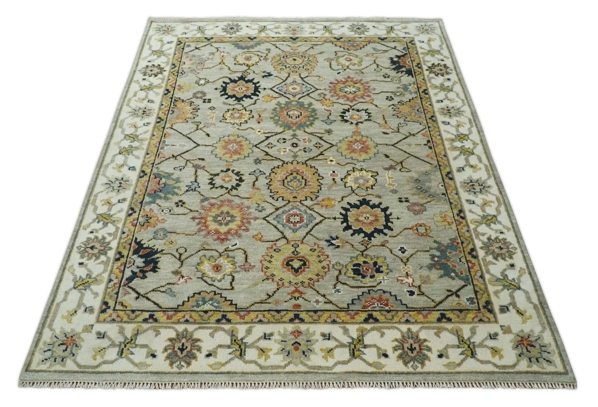 Hand Knotted 5x8, 6x9, 8x10, 9x12, 10x14 and 12x15 Beige, Mustard and Ivory Traditional Persian Oushak Wool Rug | TRDCP901810 - The Rug Decor
