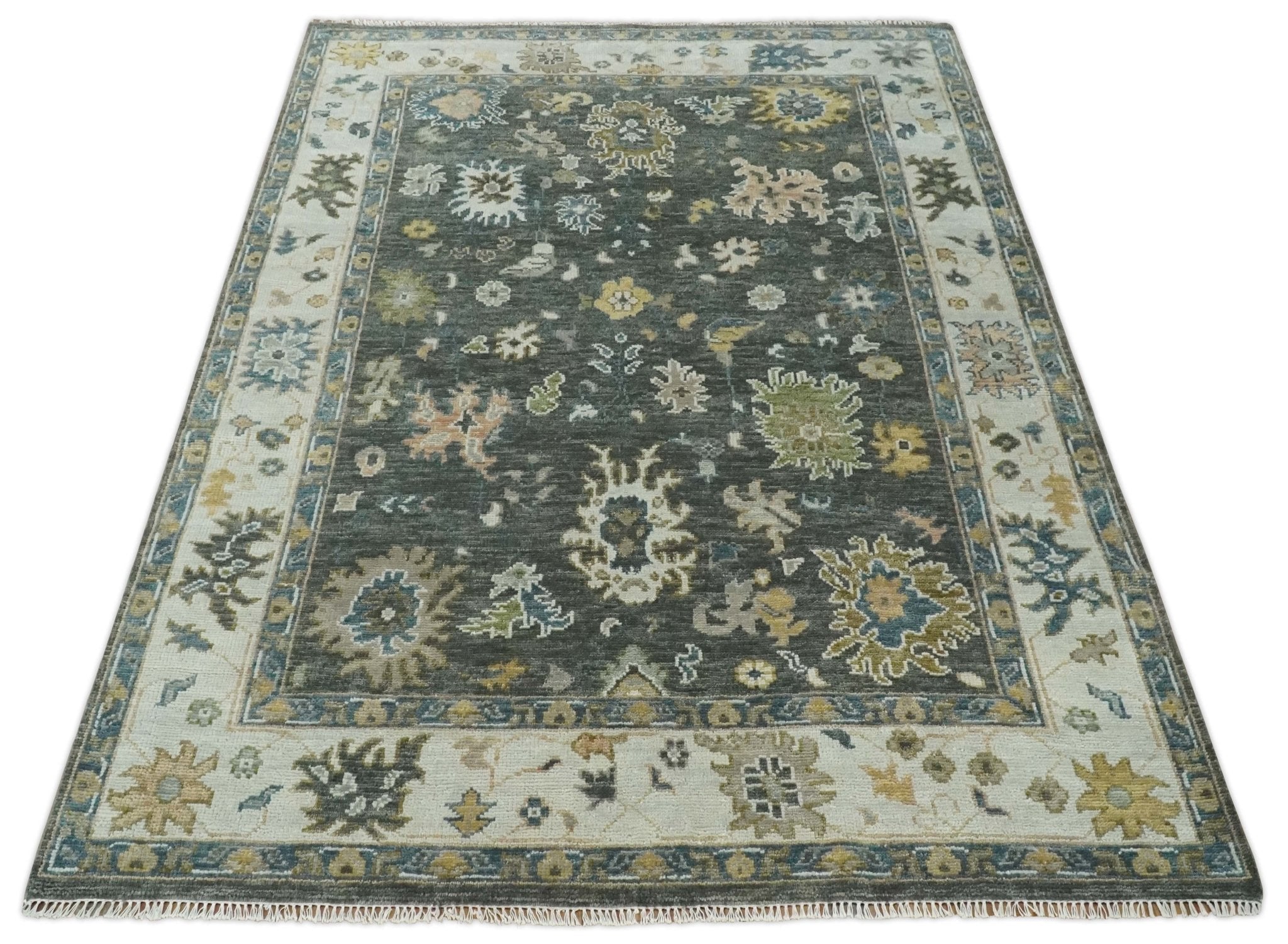 Hand Knotted 5x8, 6x9, 8x10, 9x12, 10x14 and 12x15 Charcoal and Ivory Traditional Persian Oushak Wool Rug | TRDCP1024810 - The Rug Decor