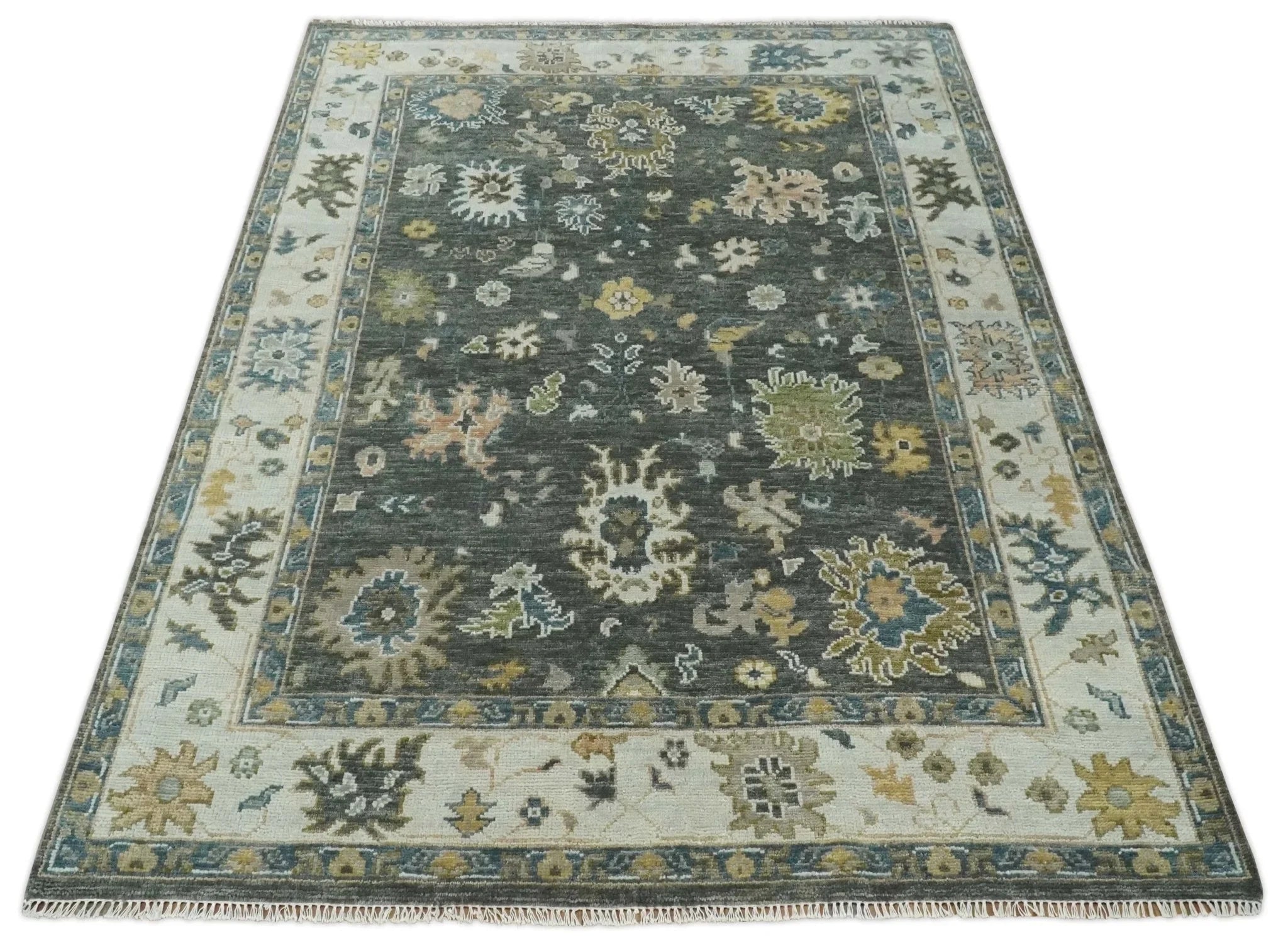 Hand Knotted 5x8, 6x9, 8x10, 9x12, 10x14 and 12x15 Charcoal and Ivory Traditional Persian Oushak Wool Rug | TRDCP1024810 - The Rug Decor