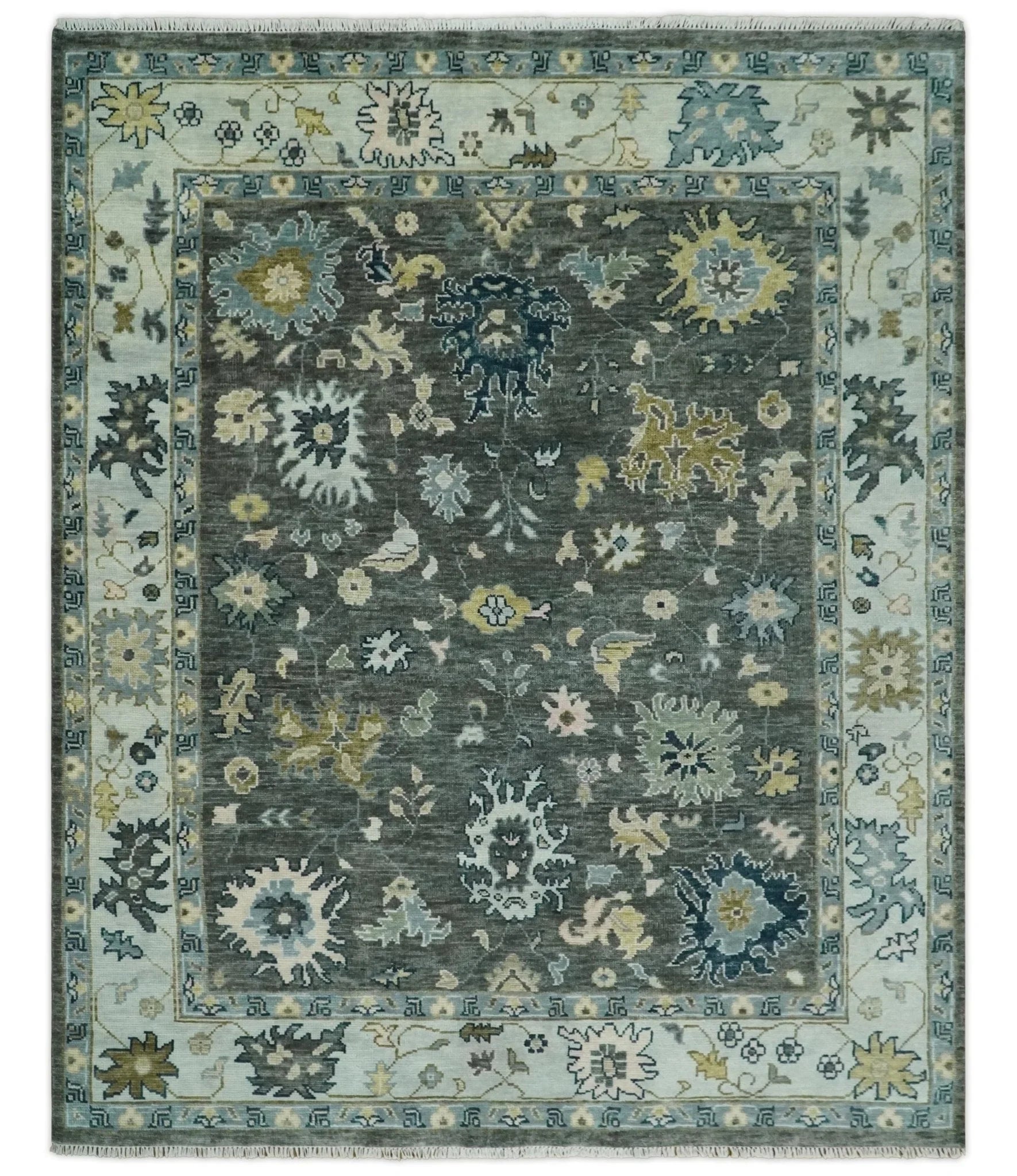 Hand Knotted 5x8, 6x9, 8x10, 9x12, 10x14 and 12x15 Charcoal and Ivory Traditional Persian Oushak Wool Rug | TRDCP905810 - The Rug Decor