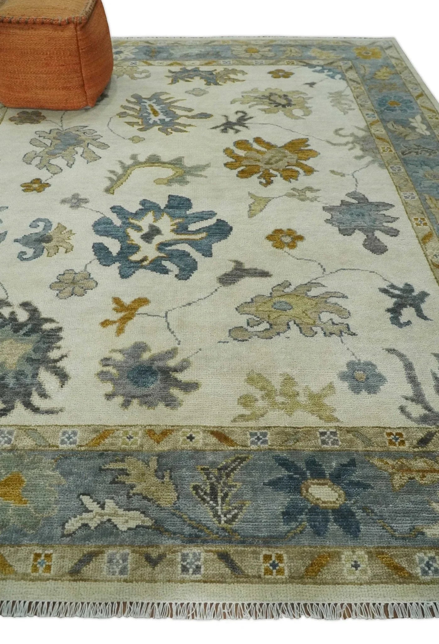 Hand Knotted Ivory, Blue and Brown Traditional Persian Oushak Wool Rug | TRDCP910 - The Mayfair Hall