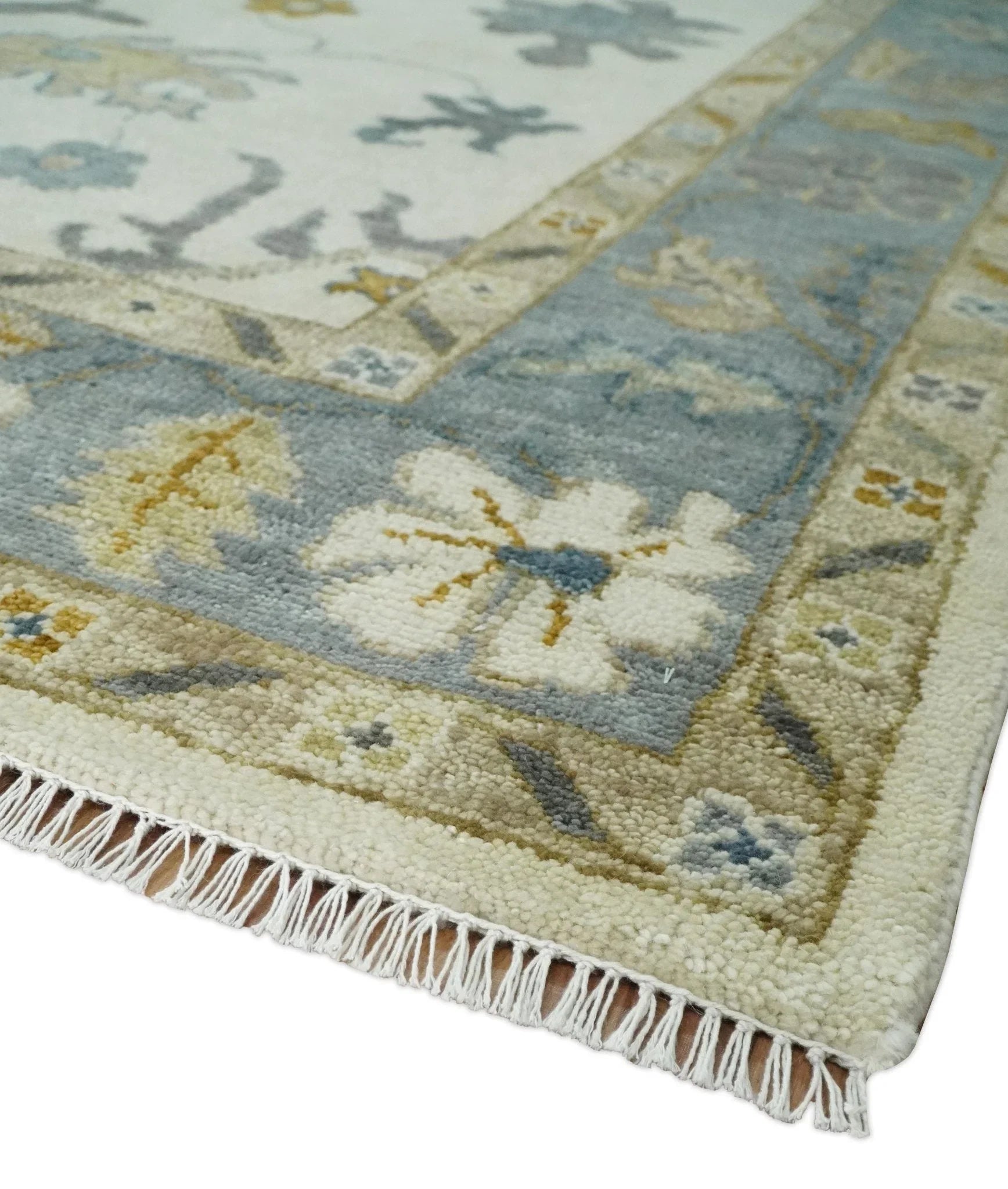 Hand Knotted Ivory, Blue and Brown Traditional Persian Oushak Wool Rug | TRDCP910 - The Mayfair Hall