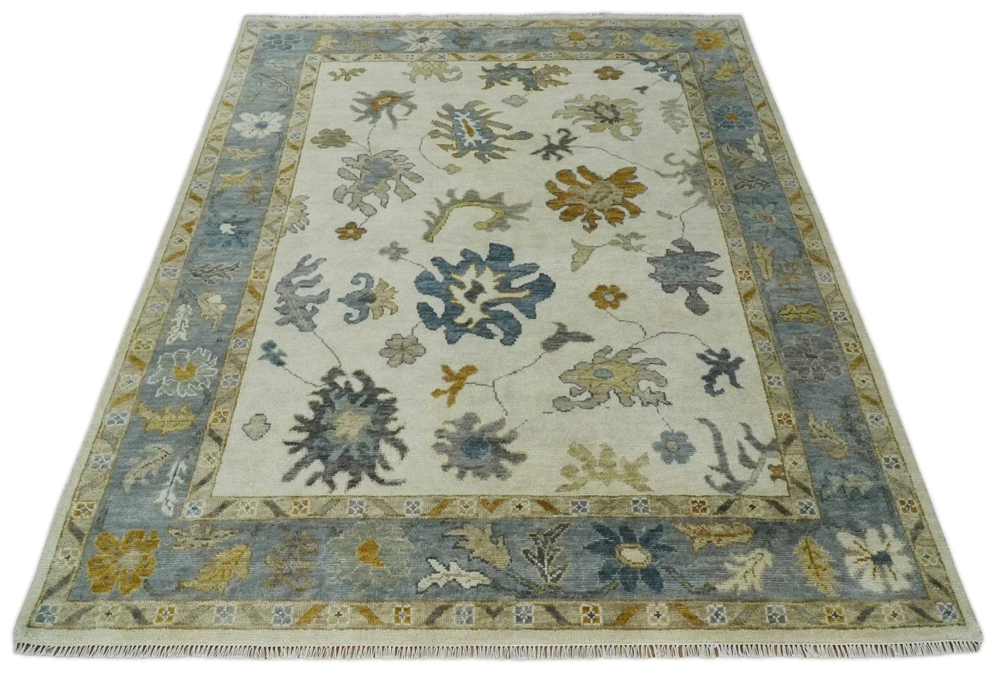 Hand Knotted Ivory, Blue and Brown Traditional Persian Oushak Wool Rug | TRDCP910 - The Mayfair Hall