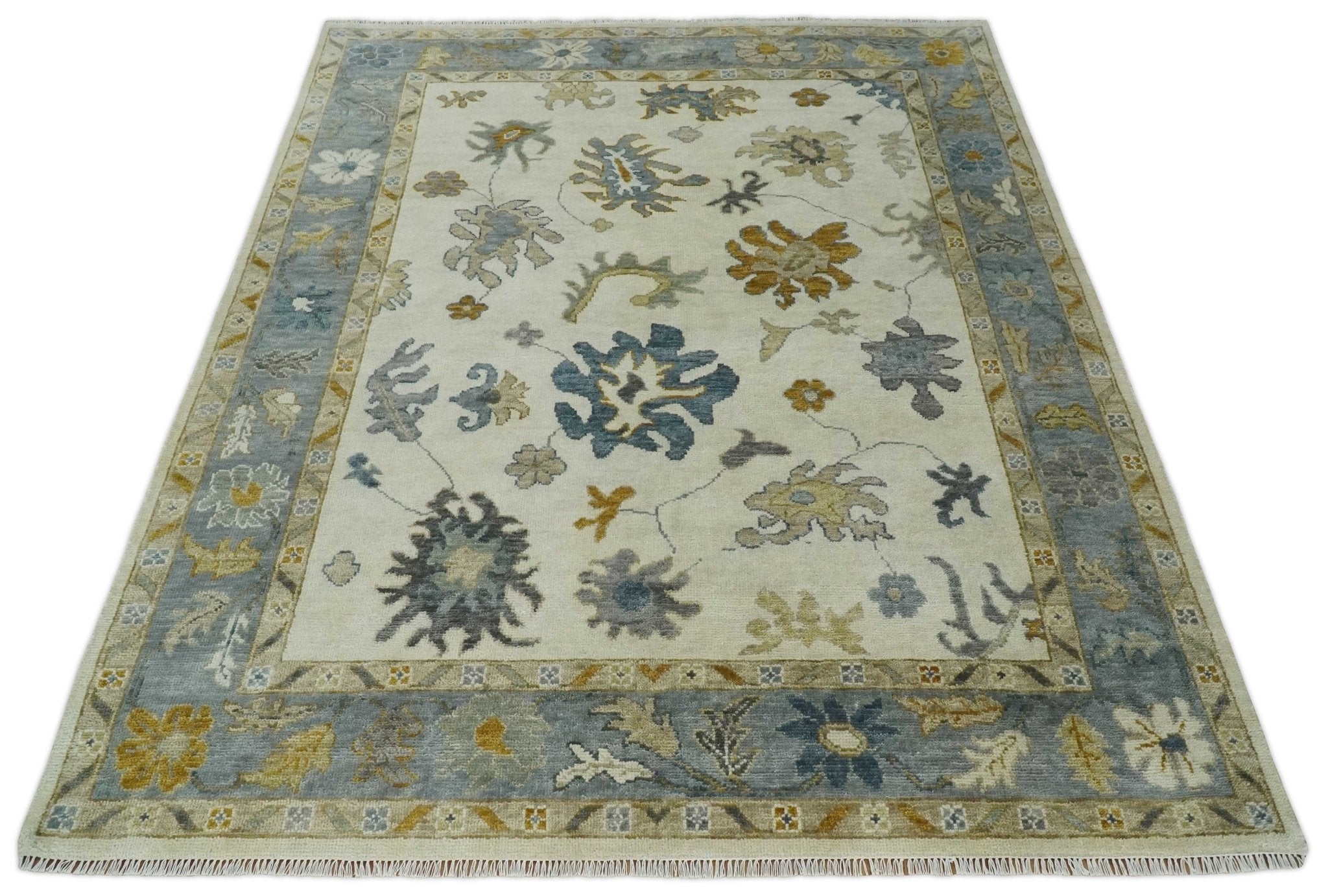 Hand Knotted 5x8, 6x9, 8x10, 9x12, 10x14 and 12x15 Ivory, Blue and Brown Traditional Persian Oushak Wool Rug | TRDCP910810 - The Rug Decor