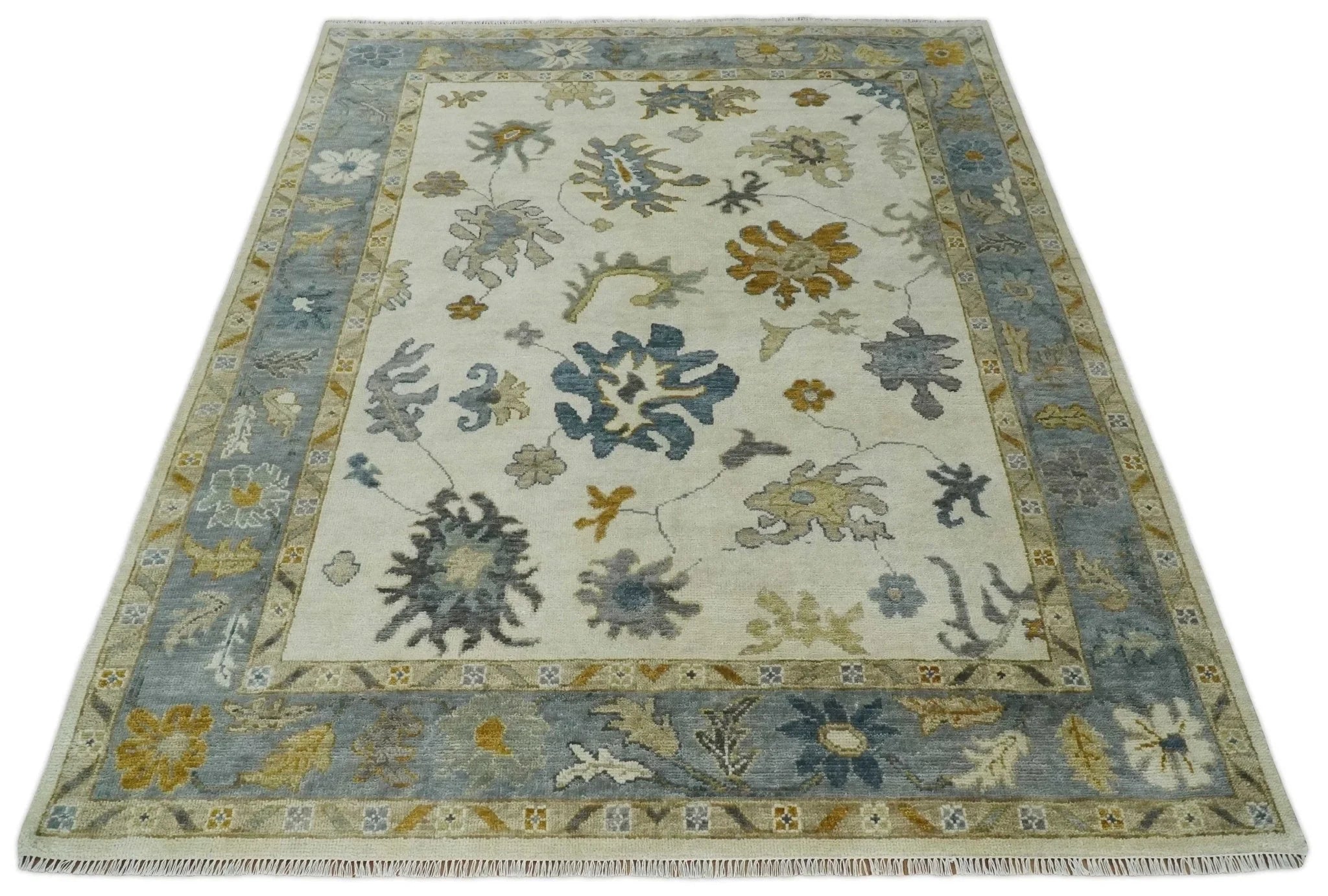 Hand Knotted 5x8, 6x9, 8x10, 9x12, 10x14 and 12x15 Ivory, Blue and Brown Traditional Persian Oushak Wool Rug | TRDCP910810 - The Rug Decor