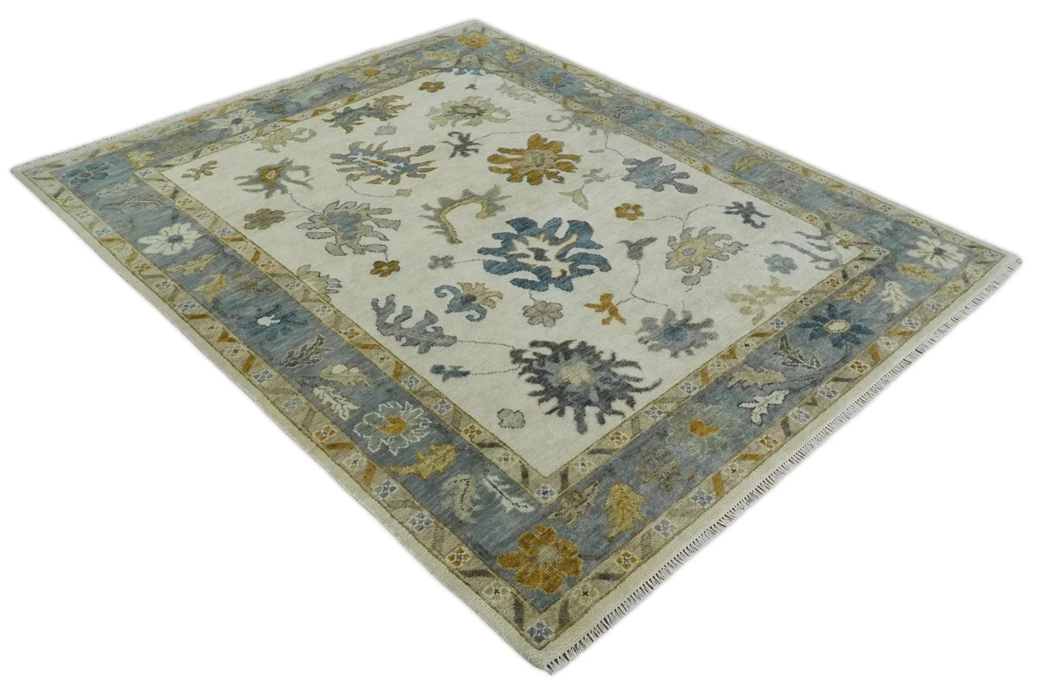 Hand Knotted Ivory, Blue and Brown Traditional Persian Oushak Wool Rug | TRDCP910 - The Mayfair Hall
