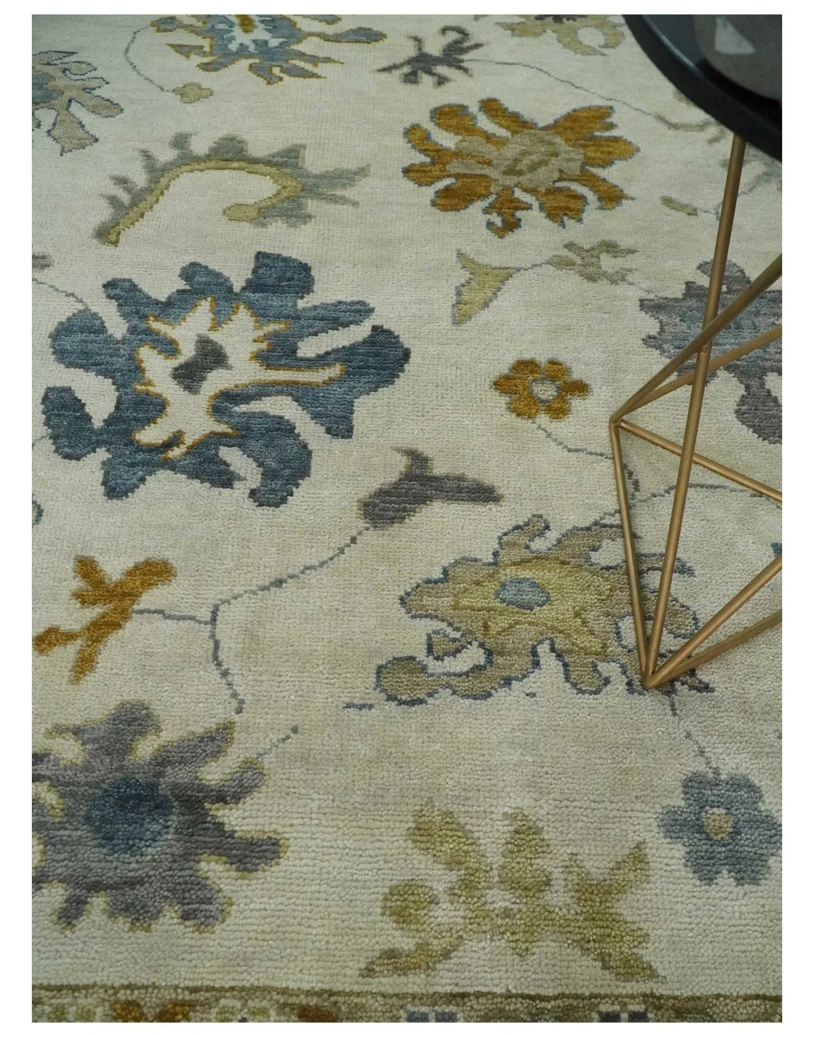 Hand Knotted Ivory, Blue and Brown Traditional Persian Oushak Wool Rug | TRDCP910 - The Mayfair Hall