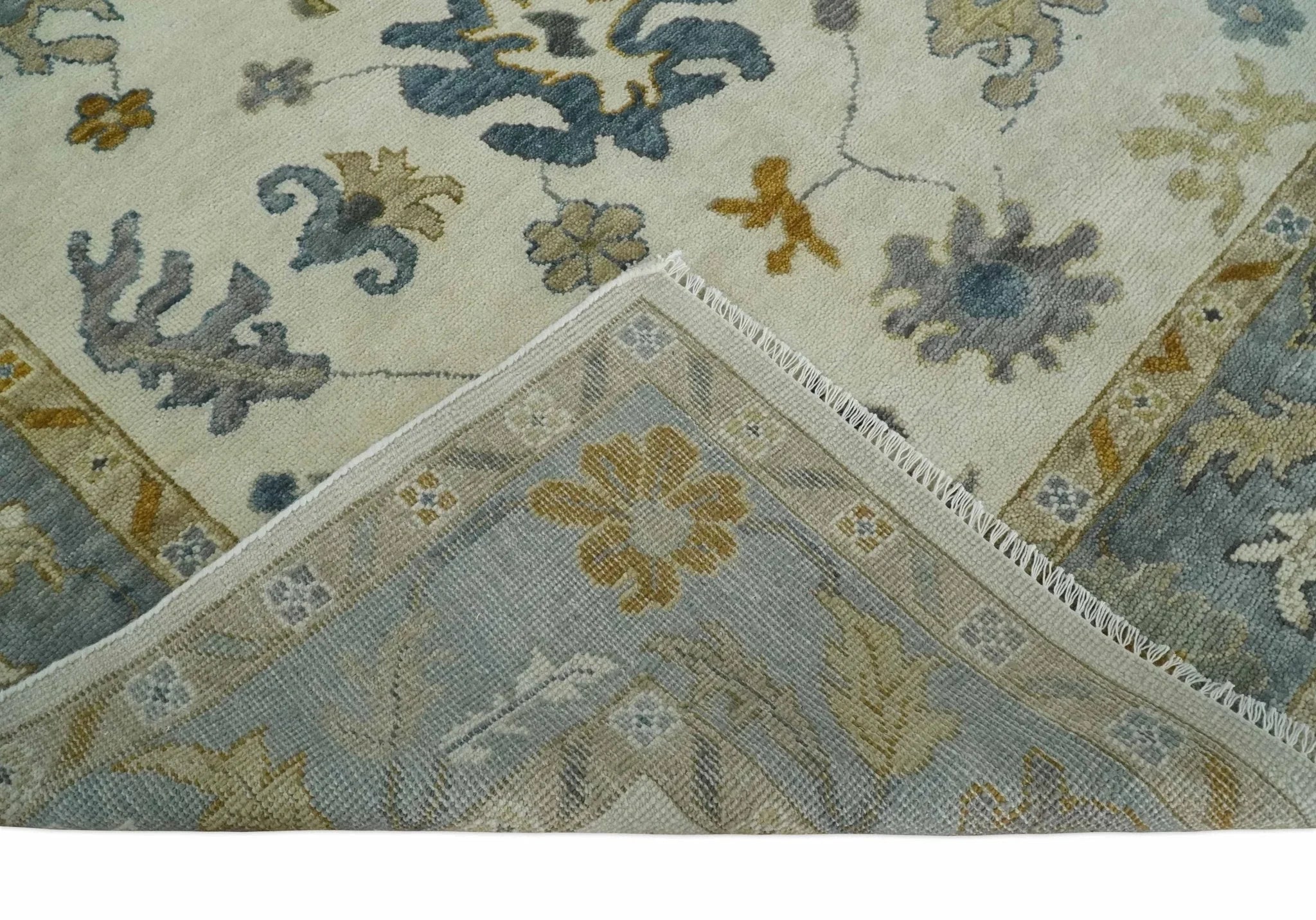 Hand Knotted Ivory, Blue and Brown Traditional Persian Oushak Wool Rug | TRDCP910 - The Mayfair Hall