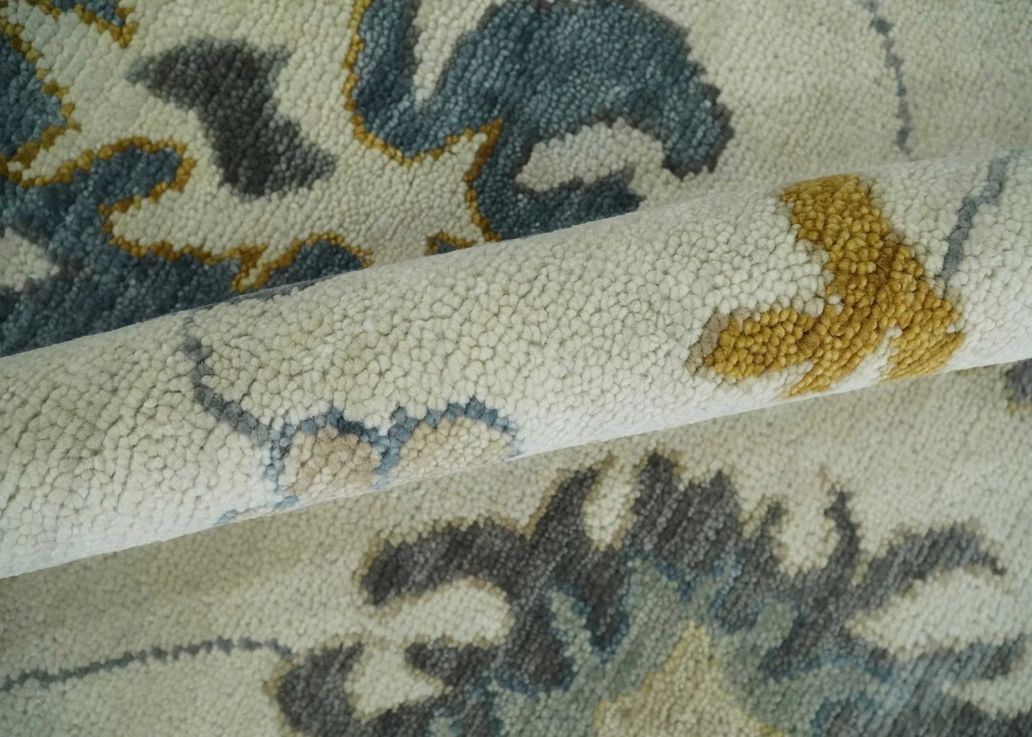 Hand Knotted Ivory, Blue and Brown Traditional Persian Oushak Wool Rug | TRDCP910 - The Mayfair Hall