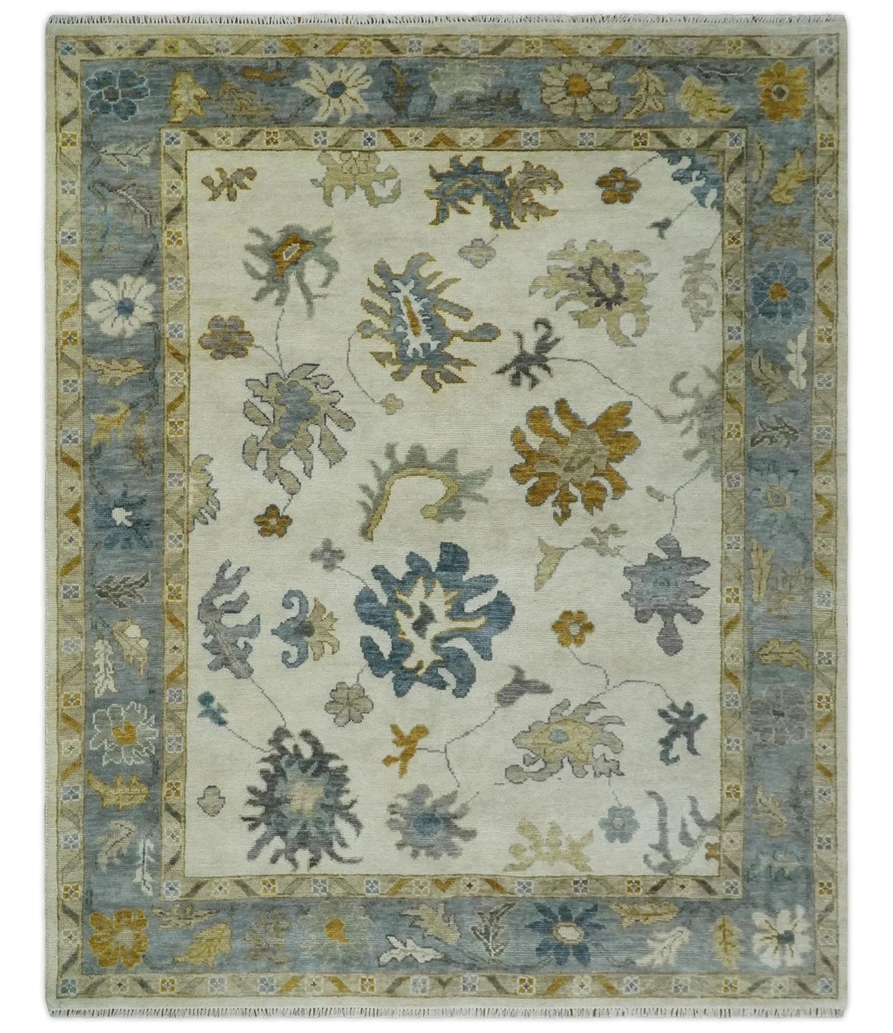 Hand Knotted Ivory, Blue and Brown Traditional Persian Oushak Wool Rug | TRDCP910 - The Mayfair Hall