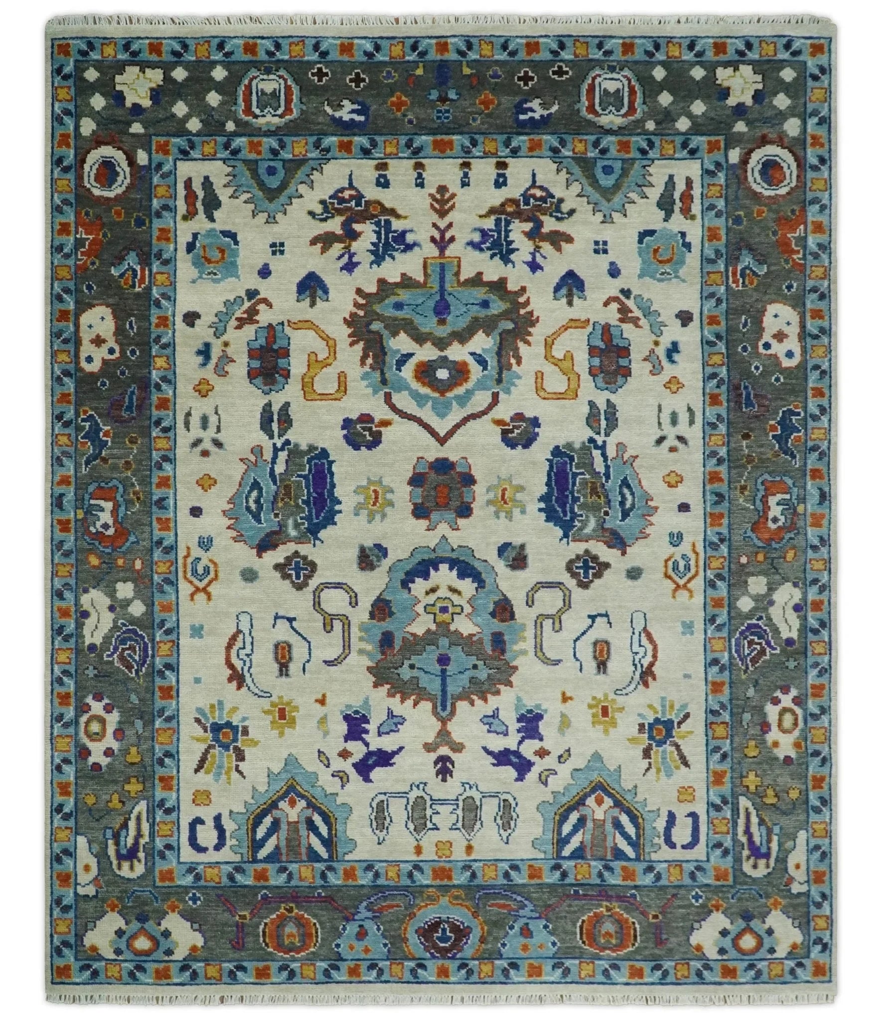 Hand Knotted 5x8, 6x9, 8x10, 9x12, 10x14 and 12x15 Ivory, Charcoal and Blue Traditional Persian Oushak Wool Rug | TRDCP892 - The Rug Decor