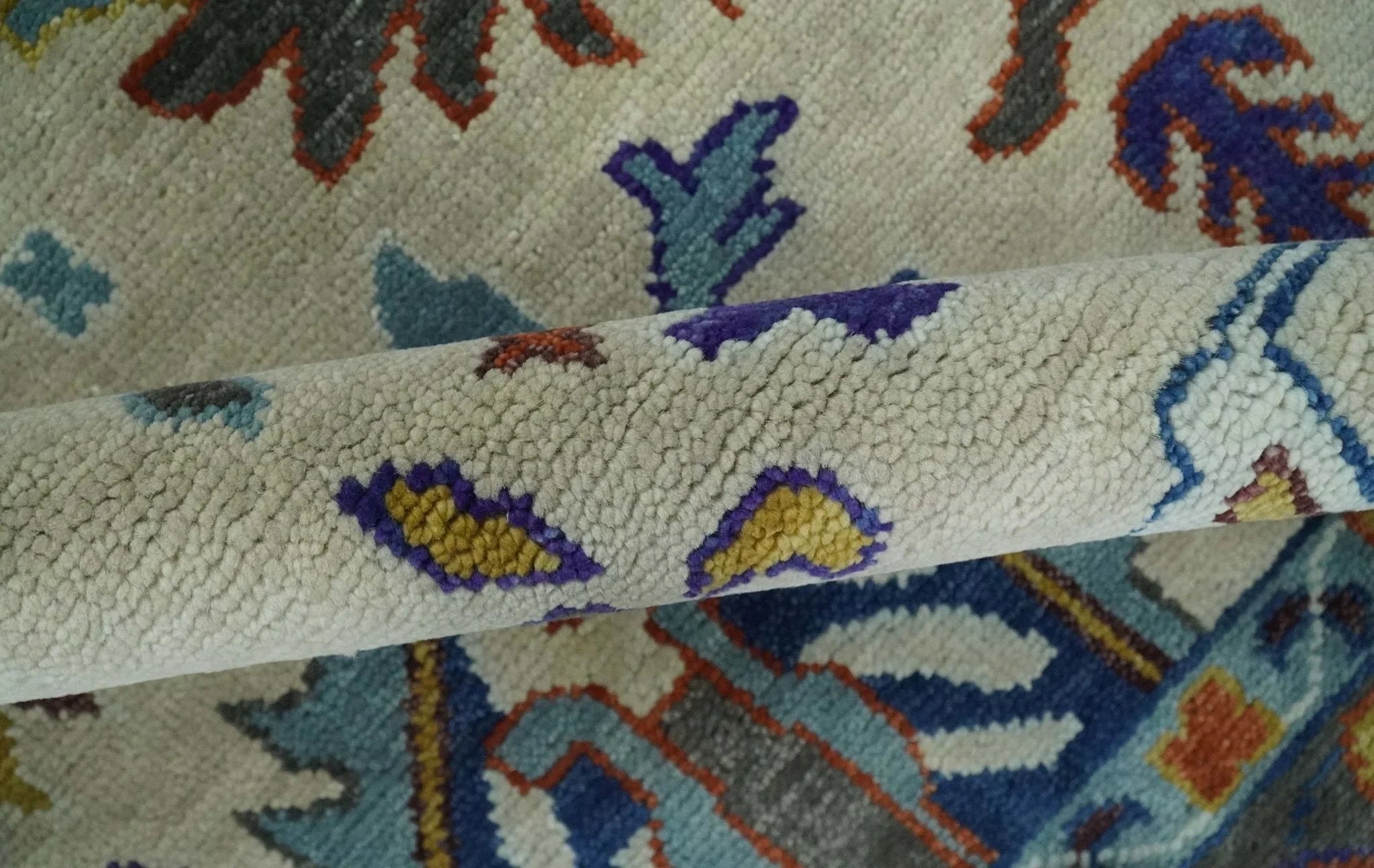 Hand Knotted 5x8, 6x9, 8x10, 9x12, 10x14 and 12x15 Ivory, Charcoal and Blue Traditional Persian Oushak Wool Rug | TRDCP892 - The Rug Decor