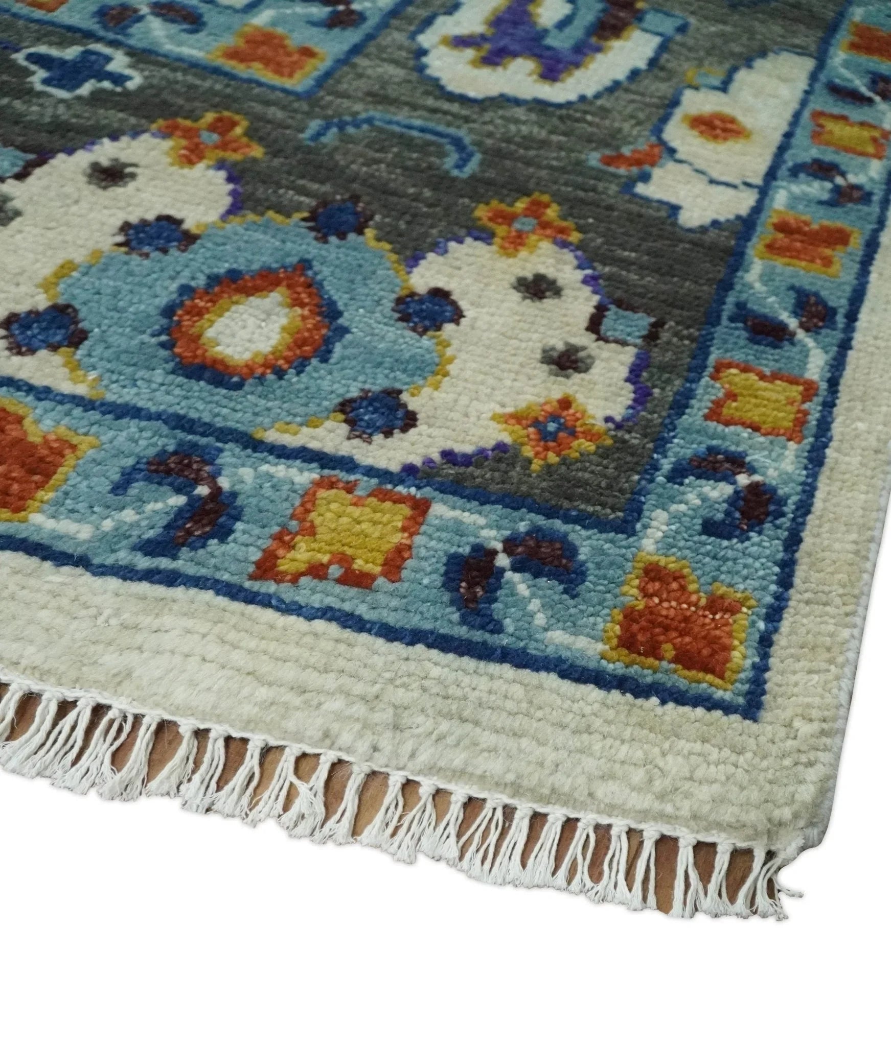 Hand Knotted 5x8, 6x9, 8x10, 9x12, 10x14 and 12x15 Ivory, Charcoal and Blue Traditional Persian Oushak Wool Rug | TRDCP892 - The Rug Decor