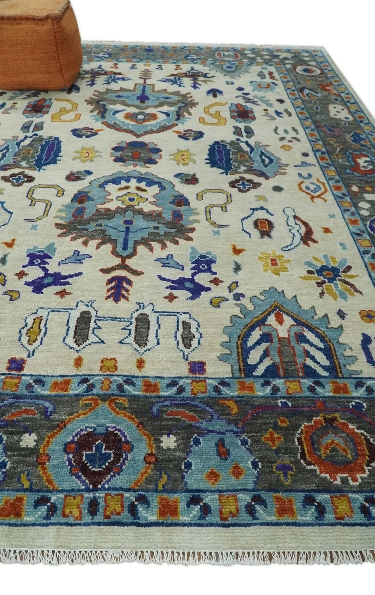 Hand Knotted 5x8, 6x9, 8x10, 9x12, 10x14 and 12x15 Ivory, Charcoal and Blue Traditional Persian Oushak Wool Rug | TRDCP892 - The Rug Decor