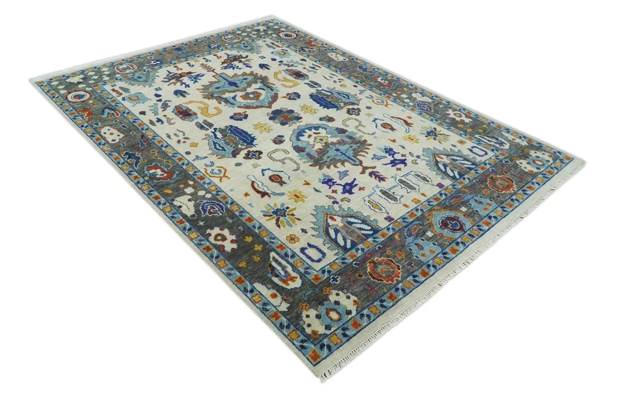 Hand Knotted 5x8, 6x9, 8x10, 9x12, 10x14 and 12x15 Ivory, Charcoal and Blue Traditional Persian Oushak Wool Rug | TRDCP892 - The Rug Decor