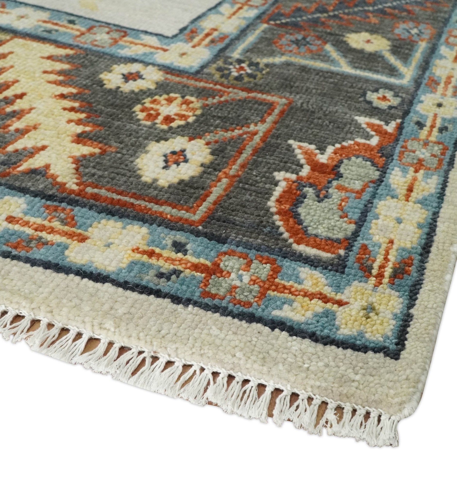 Hand Knotted 5x8, 6x9, 8x10, 9x12, 10x14 and 12x15 Ivory, Charcoal and Blue Traditional Persian Oushak Wool Rug | TRDCP916912 - The Rug Decor