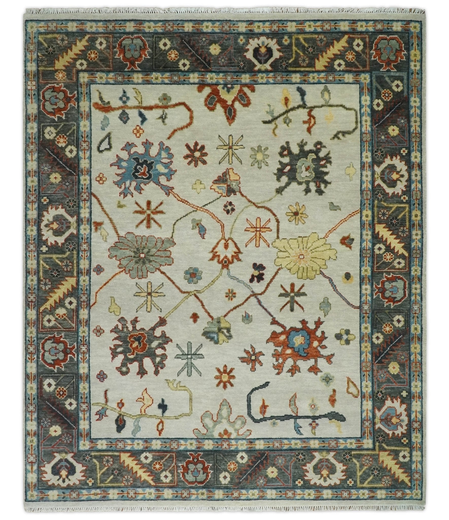 Hand Knotted 5x8, 6x9, 8x10, 9x12, 10x14 and 12x15 Ivory, Charcoal and Blue Traditional Persian Oushak Wool Rug | TRDCP916912 - The Rug Decor