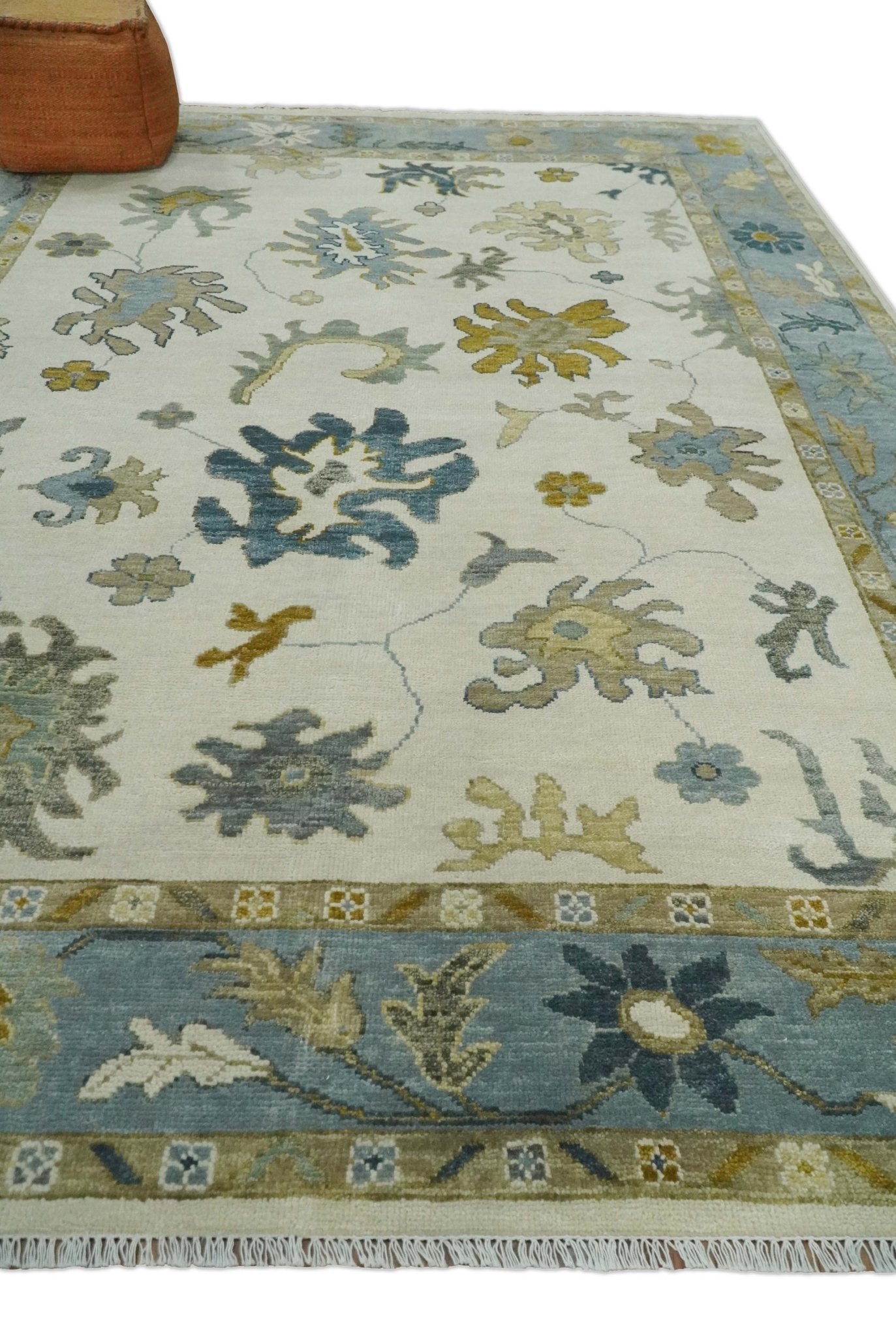 Hand Knotted 5x8, 6x9, 8x10, 9x12, 10x14 and 12x15 Ivory, Silver and Blue Traditional Vintage Oushak Wool Rug | TRDCP1342 - The Rug Decor