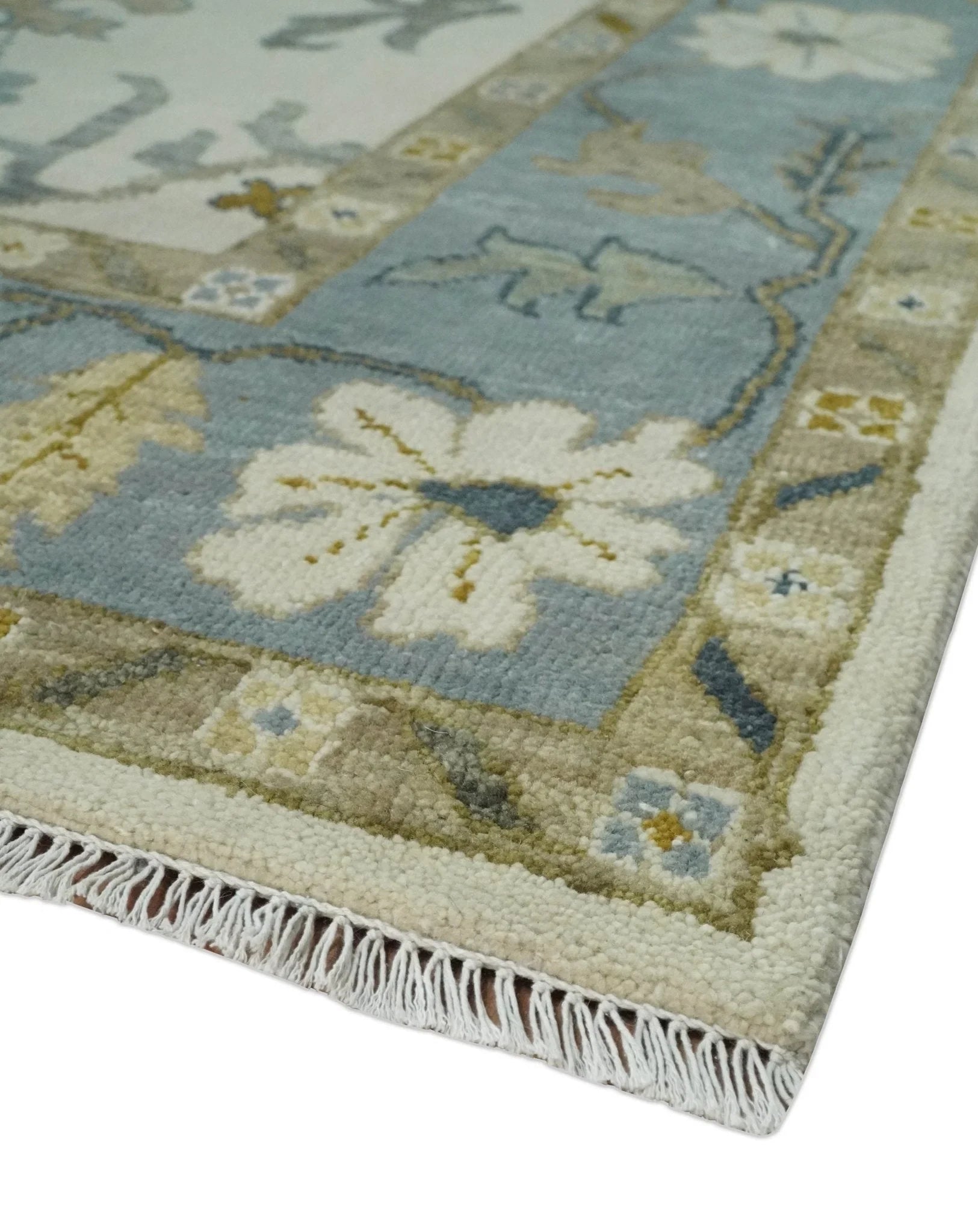 Hand Knotted 5x8, 6x9, 8x10, 9x12, 10x14 and 12x15 Ivory, Silver and Blue Traditional Vintage Oushak Wool Rug | TRDCP1342 - The Rug Decor