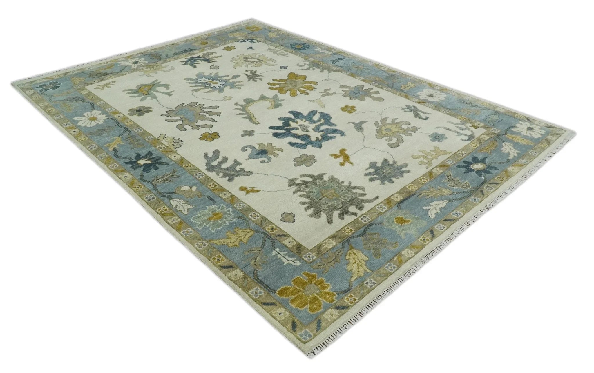 Hand Knotted 5x8, 6x9, 8x10, 9x12, 10x14 and 12x15 Ivory, Silver and Blue Traditional Vintage Oushak Wool Rug | TRDCP1342 - The Rug Decor