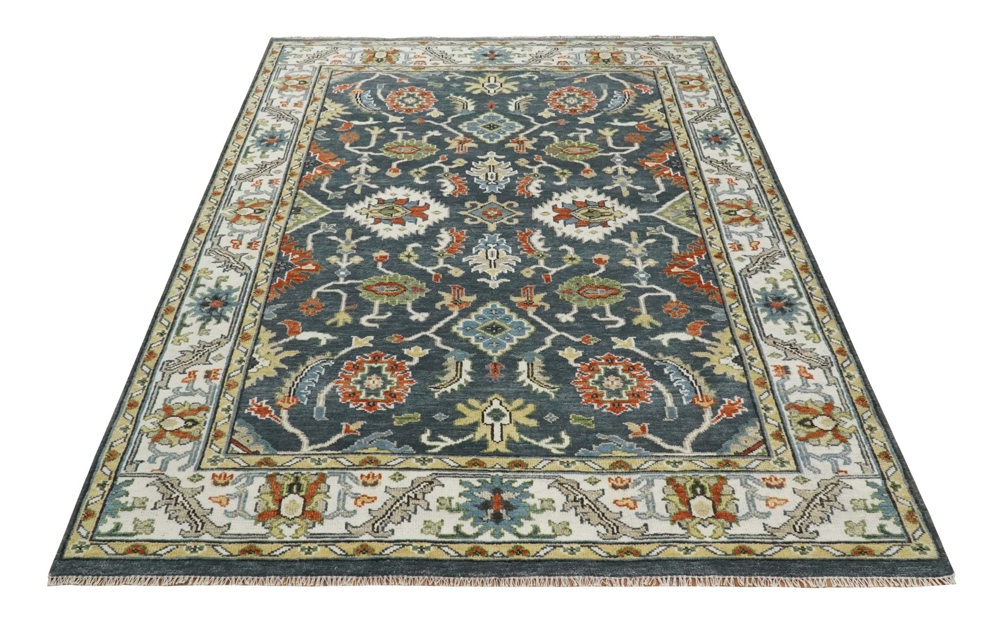 Hand Knotted 5x8, 6x9, 8x10, 9x12, 10x14 and 12x15 Teal, Blue and Ivory Traditional Persian Oushak Wool Rug | TRDCP726 - The Rug Decor