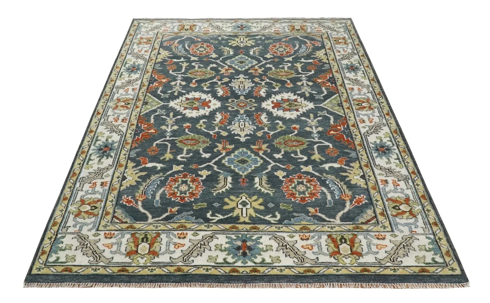 Hand Knotted 5x8, 6x9, 8x10, 9x12, 10x14 and 12x15 Teal, Blue and Ivory Traditional Persian Oushak Wool Rug | TRDCP726 - The Rug Decor