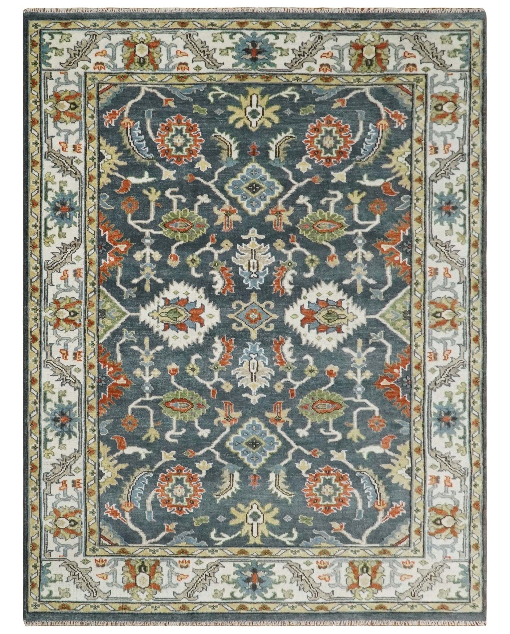 Hand Knotted 5x8, 6x9, 8x10, 9x12, 10x14 and 12x15 Teal, Blue and Ivory Traditional Persian Oushak Wool Rug | TRDCP726 - The Rug Decor