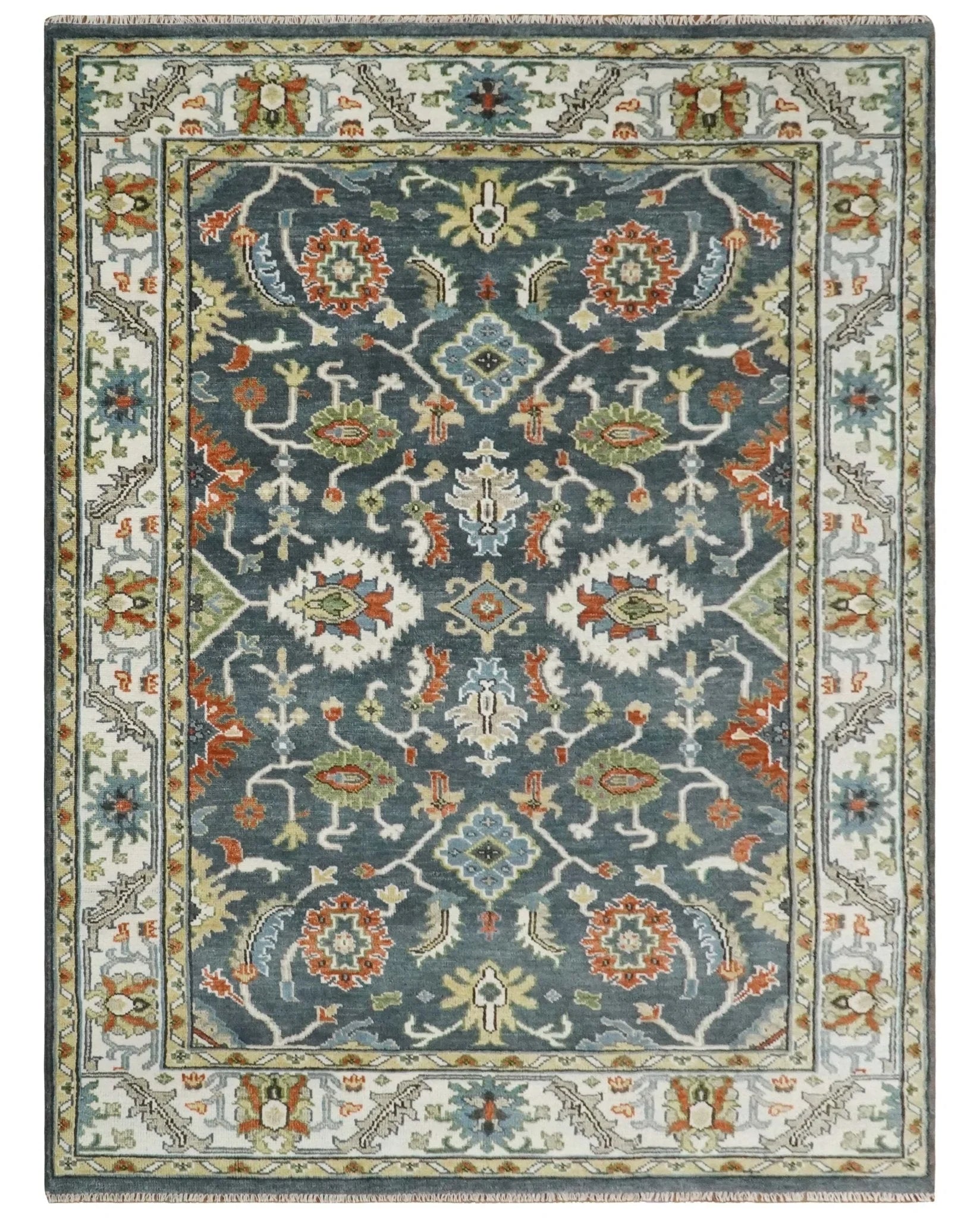 Hand Knotted 5x8, 6x9, 8x10, 9x12, 10x14 and 12x15 Teal, Blue and Ivory Traditional Persian Oushak Wool Rug | TRDCP726 - The Rug Decor