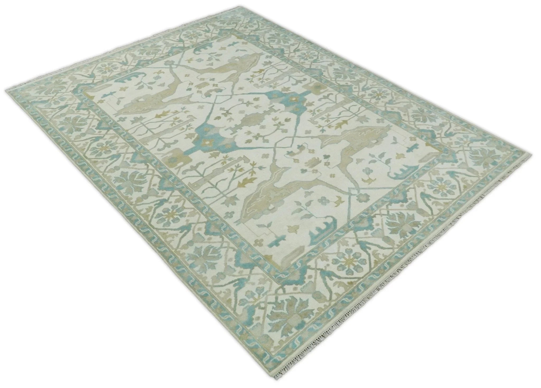 Hand Knotted 6x9, 8x10, 9x12,10x14 and 12x15 Oriental Oushak Ivory and Light Blue Wool Area Rug | TRDCP112 - The Rug Decor