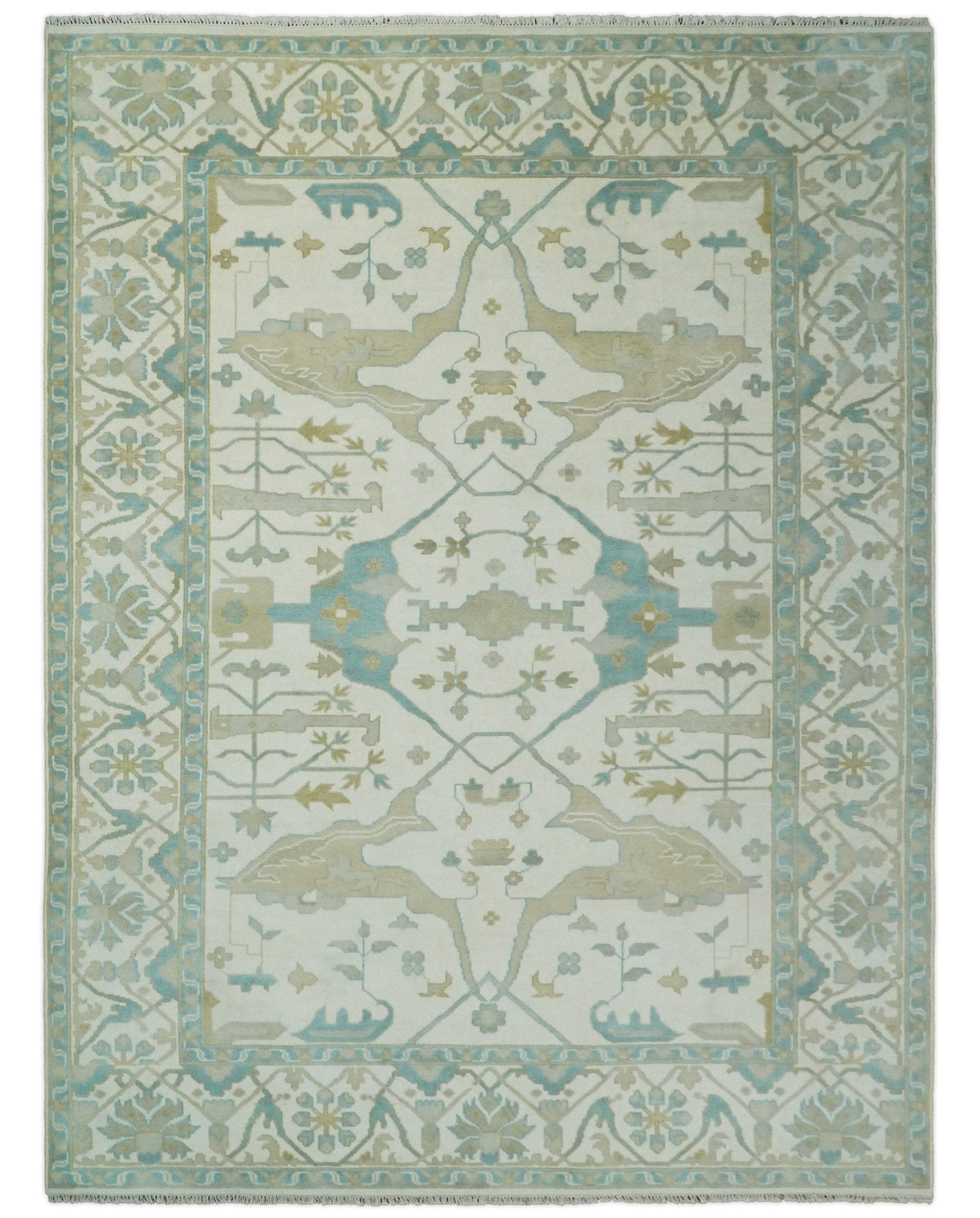 Hand Knotted 6x9, 8x10, 9x12,10x14 and 12x15 Oriental Oushak Ivory and Light Blue Wool Area Rug | TRDCP112 - The Rug Decor