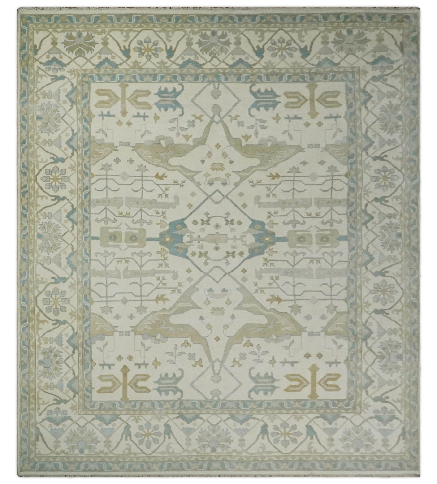 Custom Made Hand Knotted Oriental Oushak Ivory and Blue Wool Area Rug